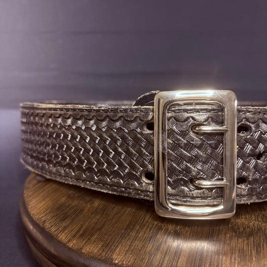 JS Leather Sam Browne Duty Belt Size 40" Black Basket Weave Chrome Brass Buckle1