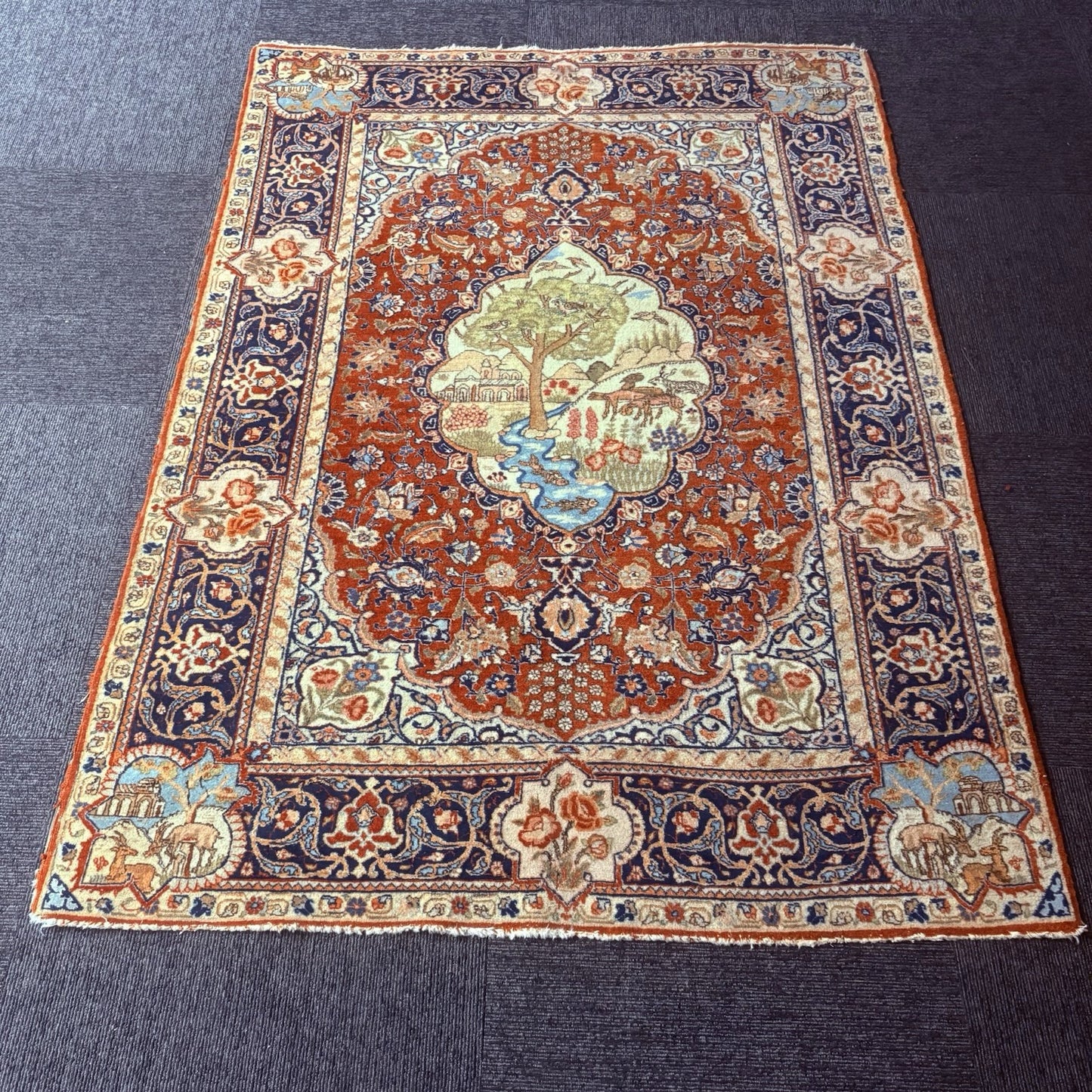 Antique Persian Hand Knotted Pictorial Rug 4'x6' 289 KPSI 1940s Tabrizz Rug0