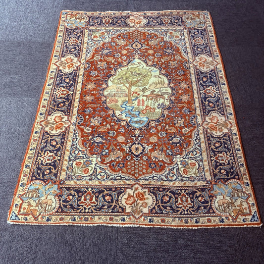 Antique Persian Hand Knotted Pictorial Rug 4'x6' 289 KPSI 1940s Tabrizz Rug0