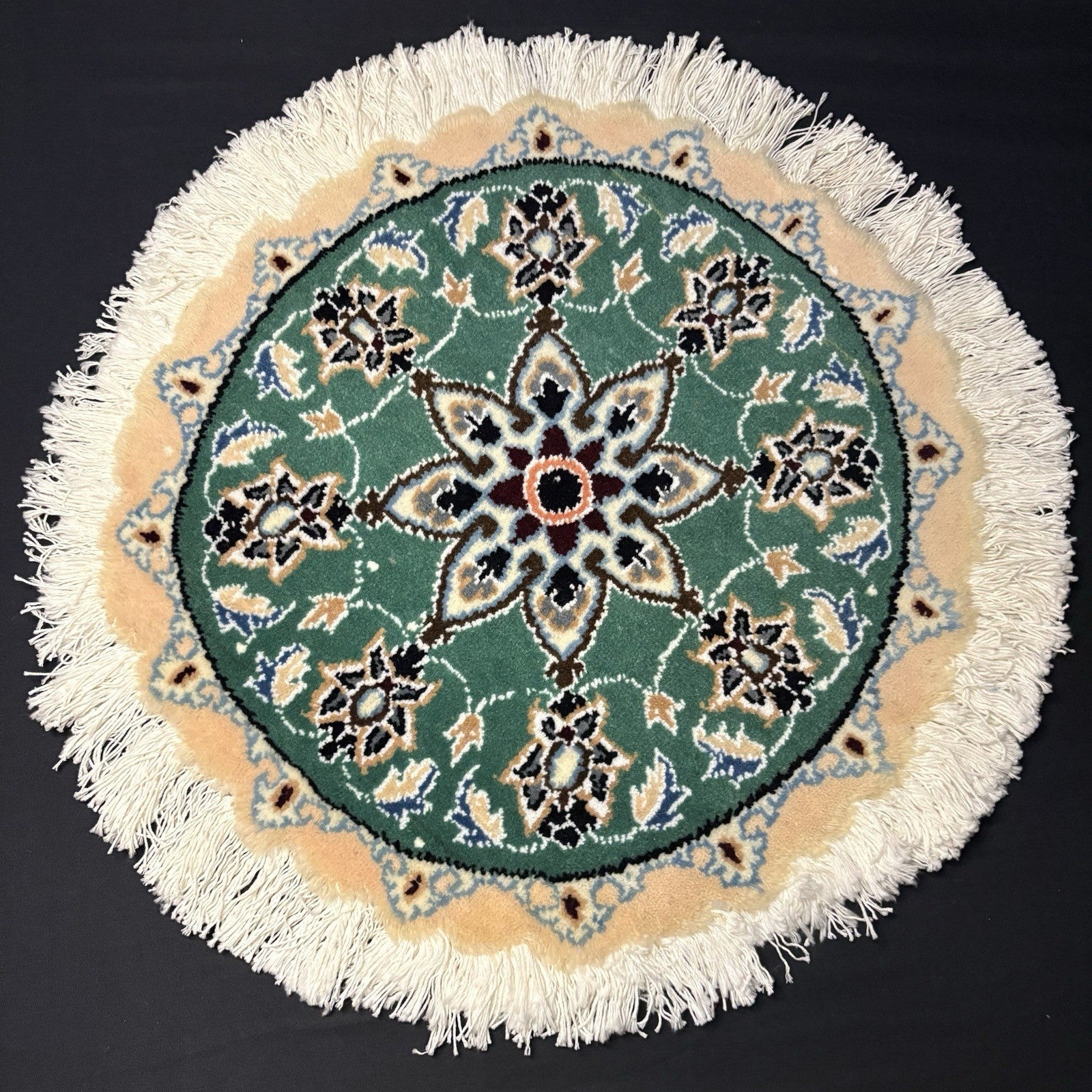 Persian Round Rug Size 18”x18” Or 45cm Blue Medallion Hand Knotted Rug0
