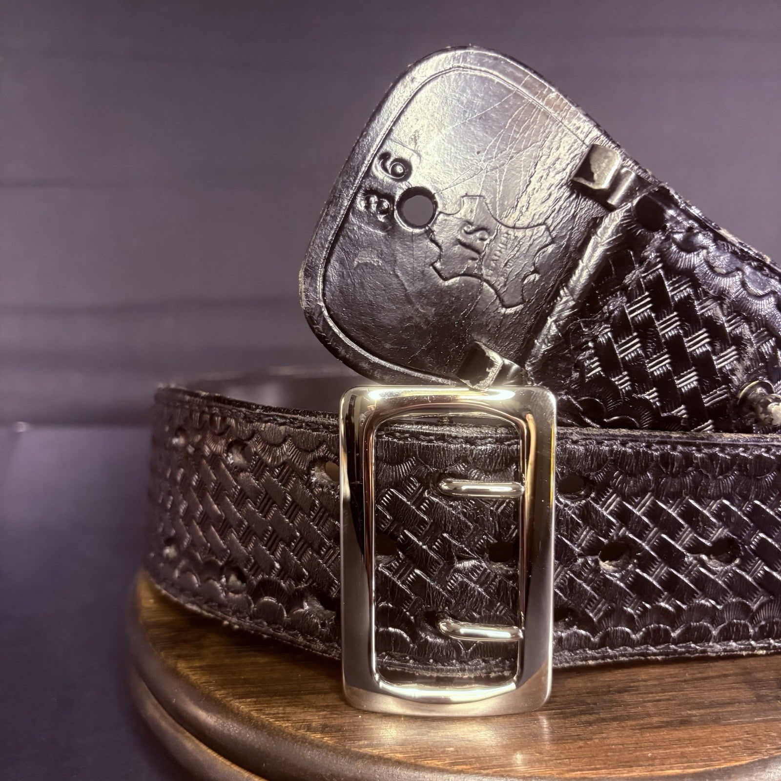 JS Leather Duty Belt Size 36" Black Basket Weave Chrome Brass Buckle Sam Browne1
