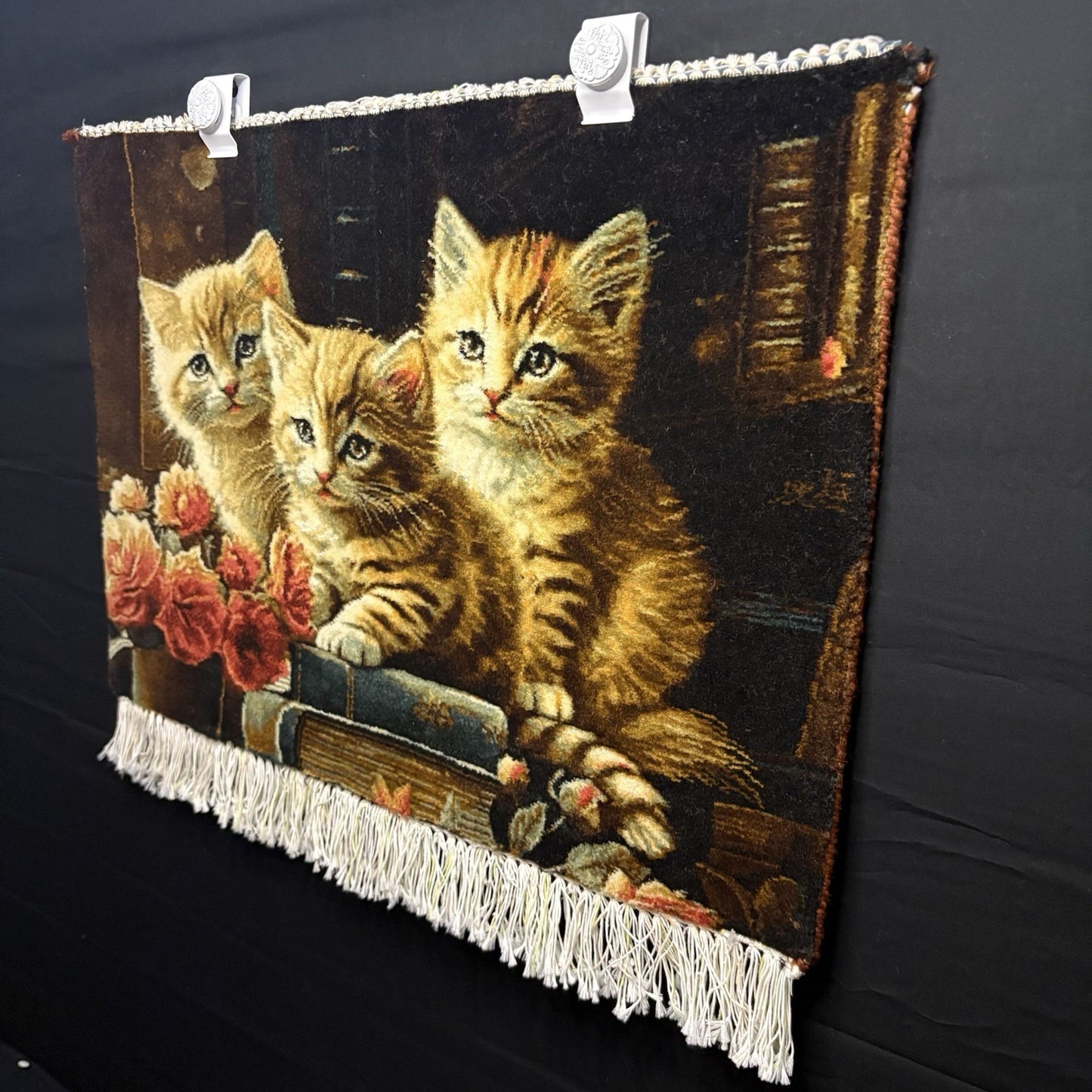 Persian Pictorial Rug Kittens Hand Knotted w/Silk Inlays 24”x16” w/Rug Hangers3