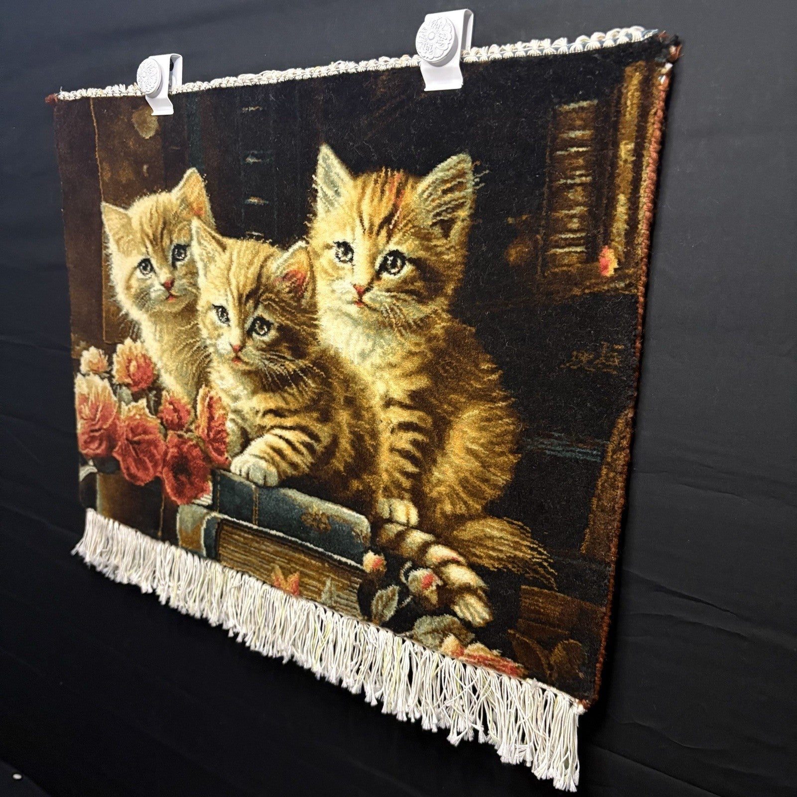 Persian Pictorial Rug Kittens Hand Knotted w/Silk Inlays 24”x16” w/Rug Hangers3