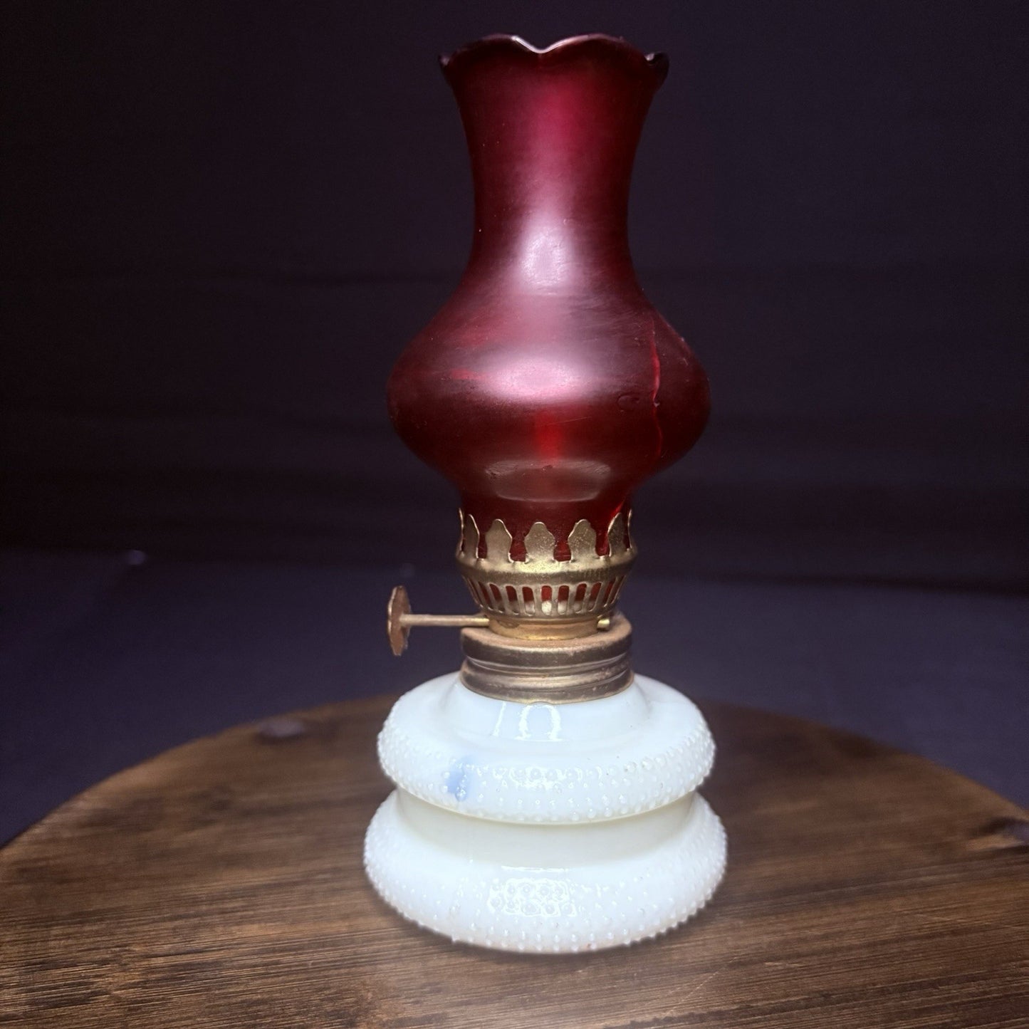VTG Miniature Hurricane Oil Lamp Hobnail Milk Glass Base Ruby Globe, Hong Kong13
