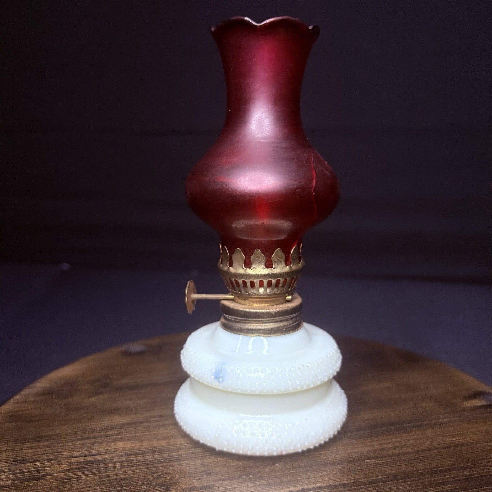 VTG Miniature Hurricane Oil Lamp Hobnail Milk Glass Base Ruby Globe, Hong Kong13