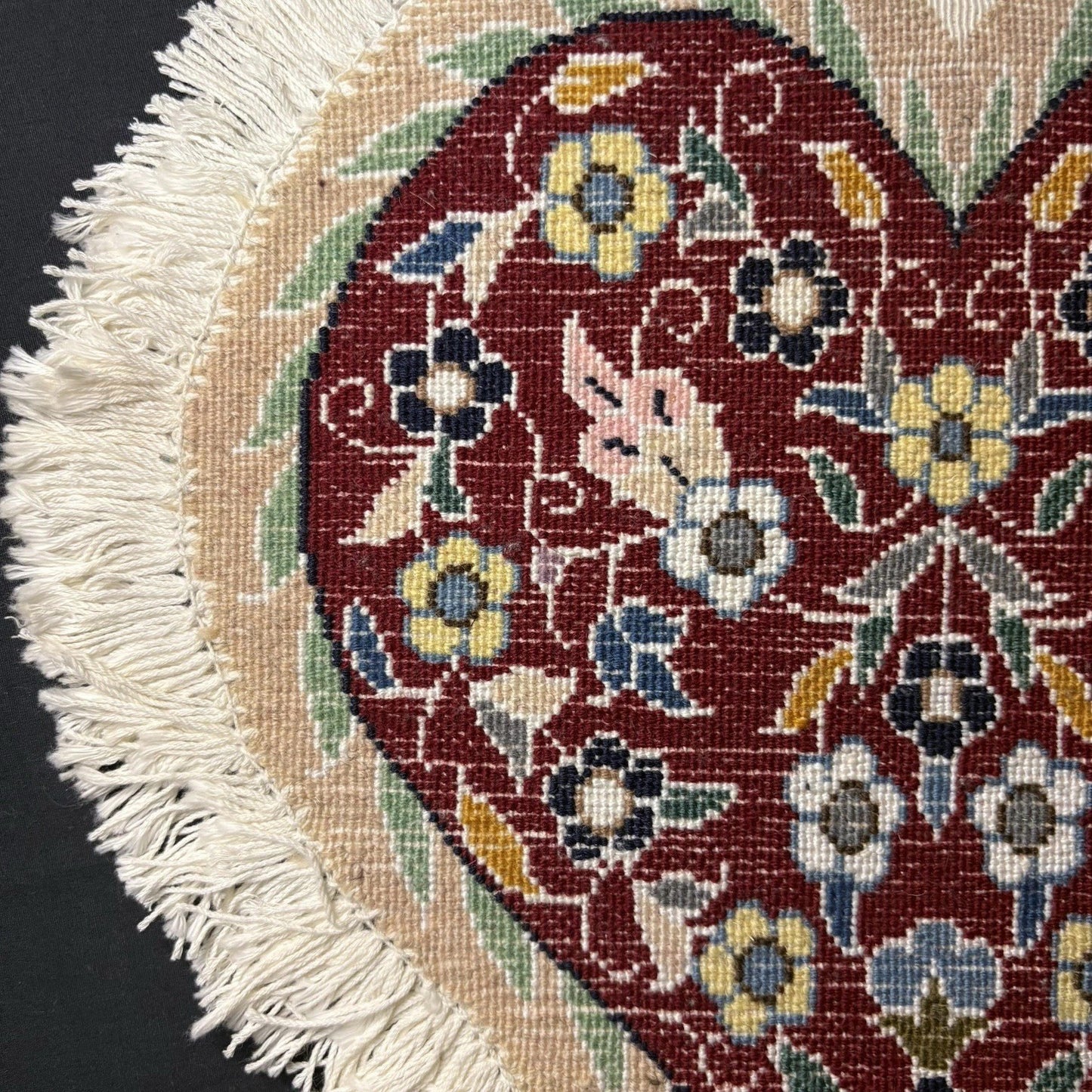 Heart Shape Rug Red w/Flowers Hand Knotted 14”x13” RARE 240 KPSI15