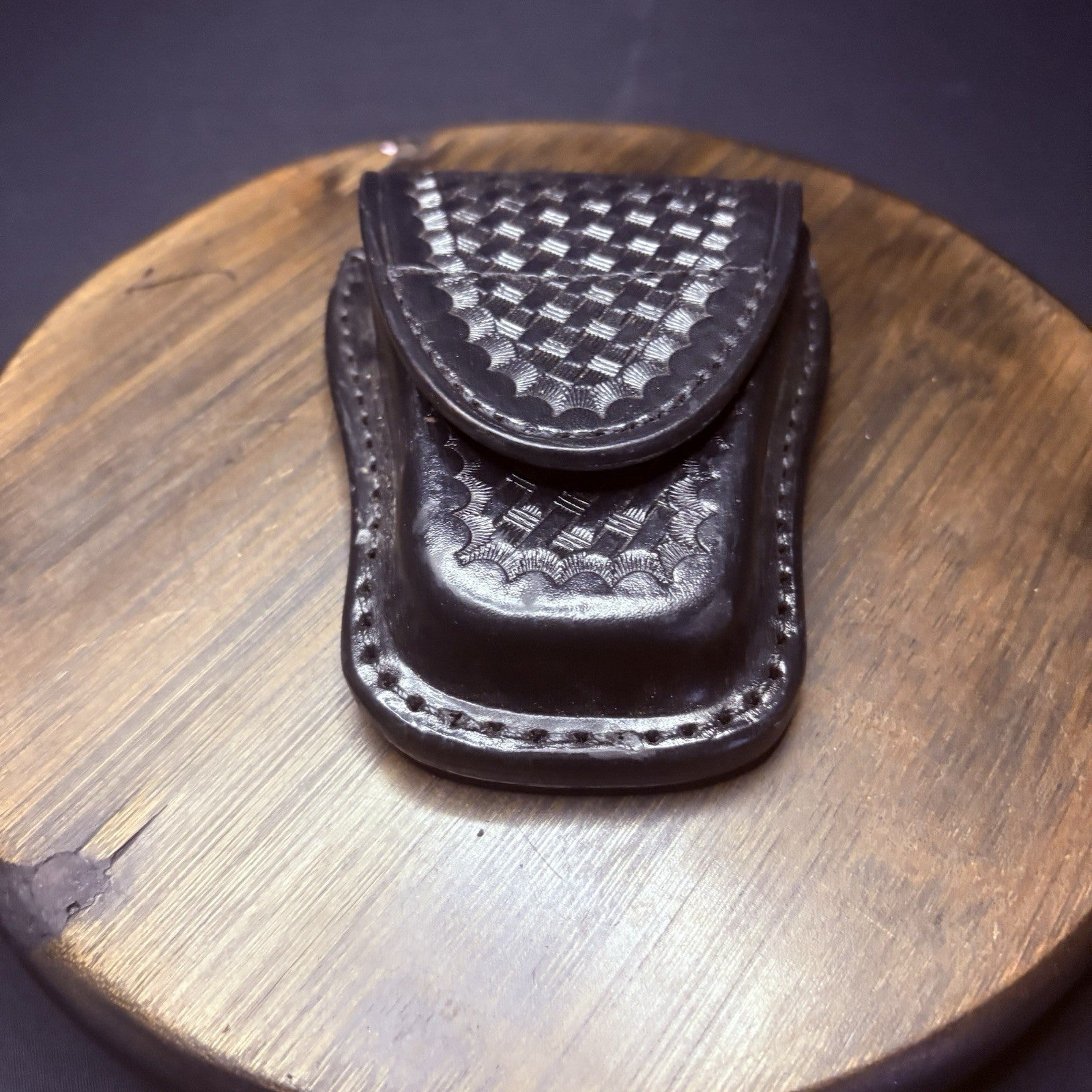 Leather Handcuff Case, Black, Basket Weave Leather, Hidden Snap3