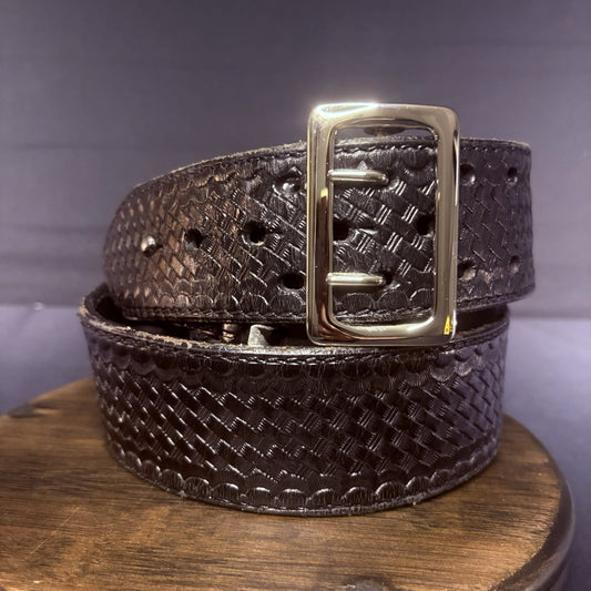 JS Leather Duty Belt Size 36" Black Basket Weave Chrome Brass Buckle Sam Browne0