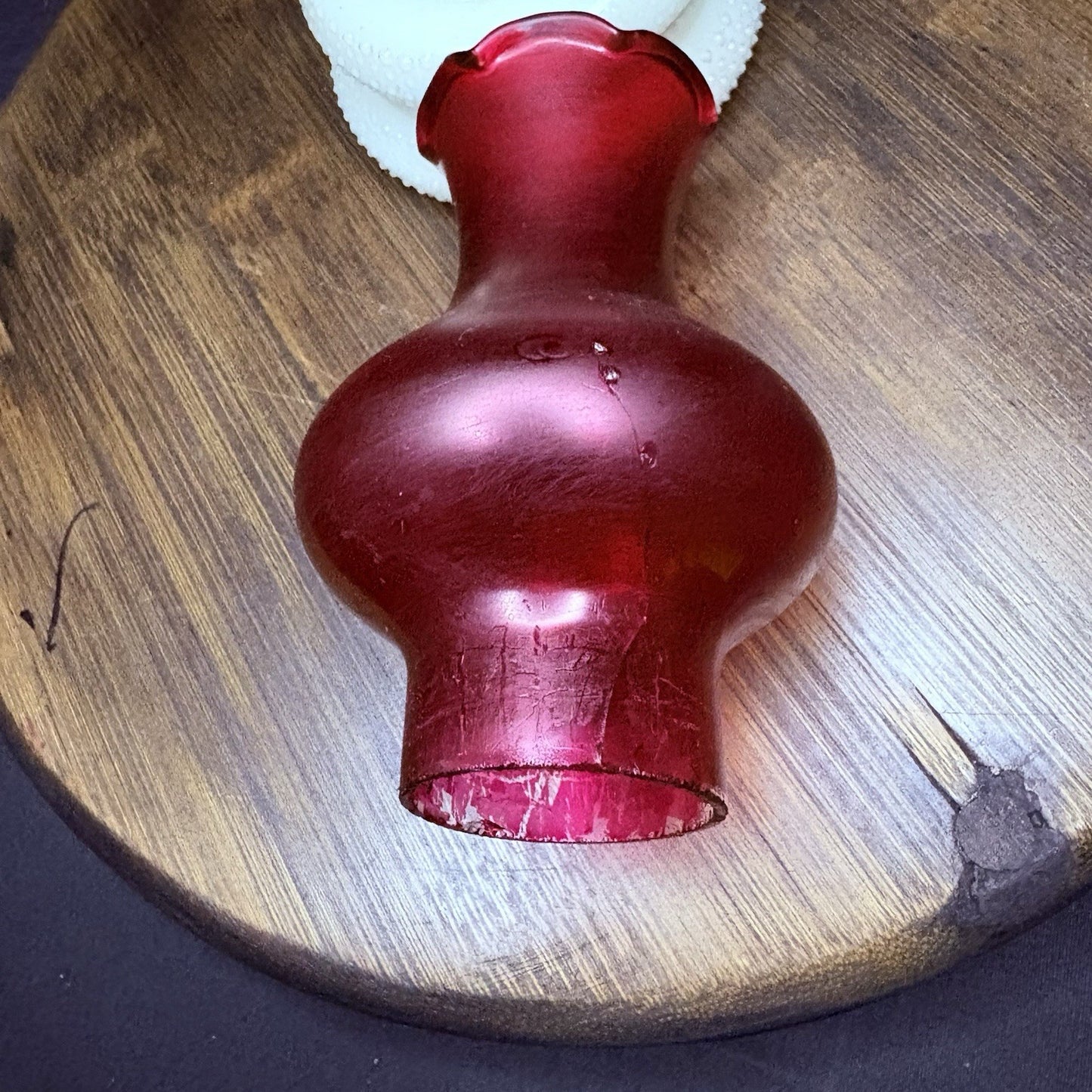 VTG Miniature Hurricane Oil Lamp Hobnail Milk Glass Base Ruby Globe, Hong Kong12