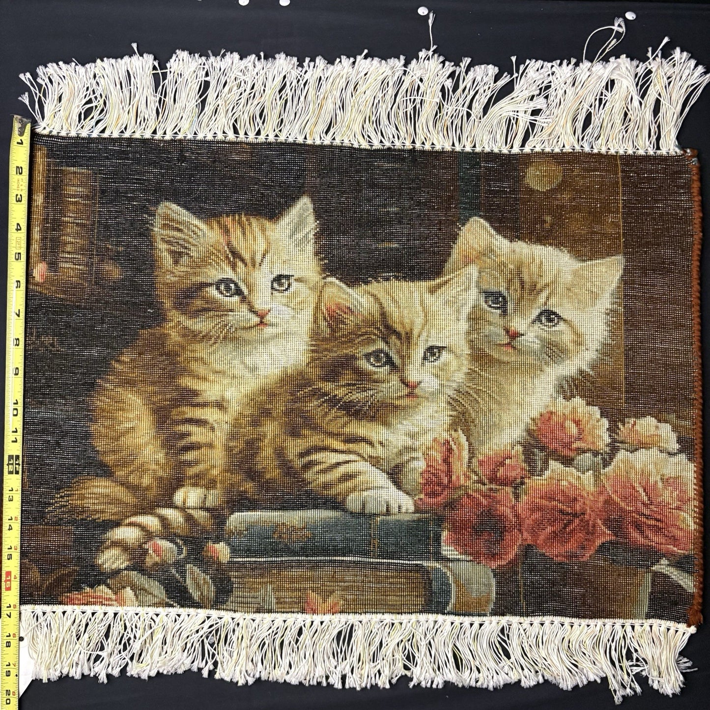 Persian Pictorial Rug Kittens Hand Knotted w/Silk Inlays 24”x16” w/Rug Hangers16
