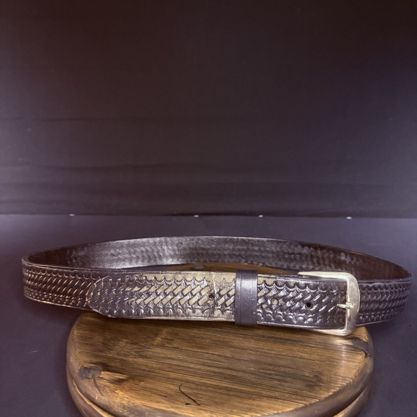 JS Leather Off Duty Belt Size 42" Black Basket Weave Chrome Buckle0