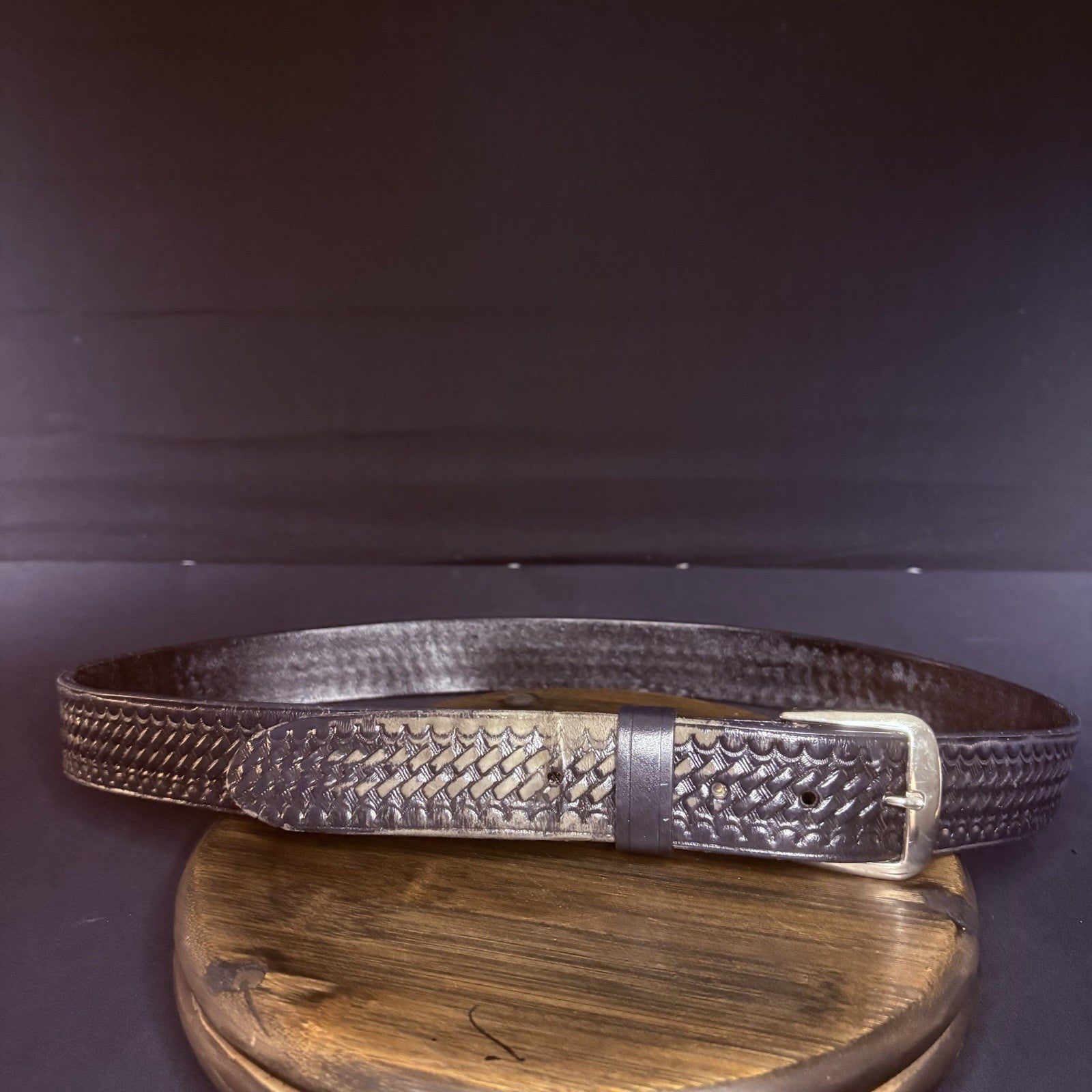 JS Leather Off Duty Belt Size 42" Black Basket Weave Chrome Buckle0