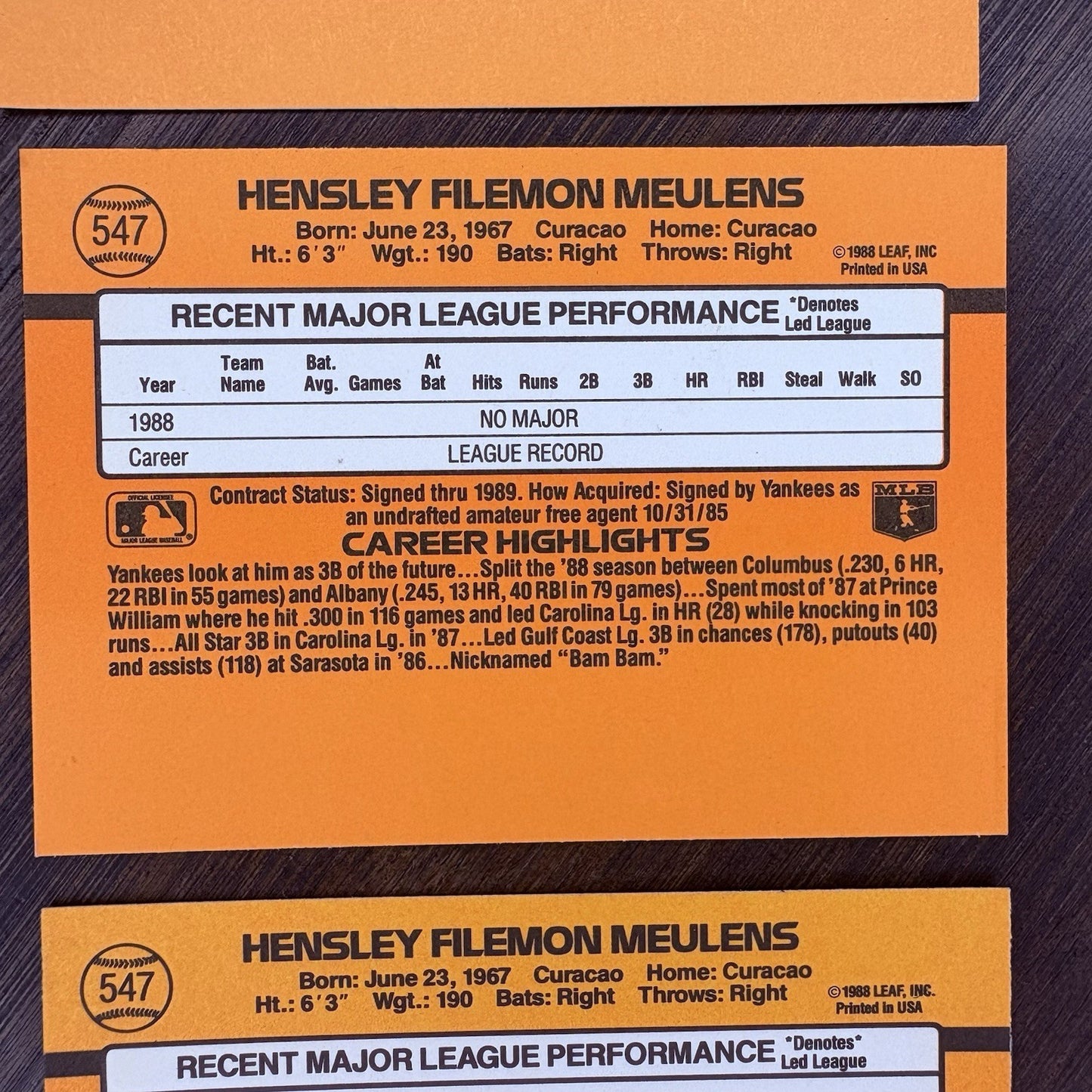 (Lot Of 3) 1989 Donruss #547 Hensley Meulens RC New York Yankees Trading Card10