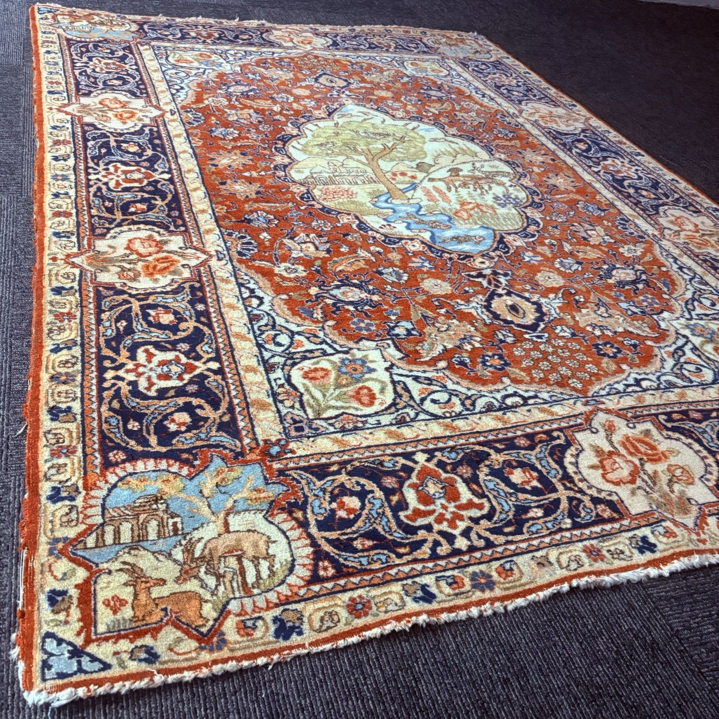 Antique Persian Hand Knotted Pictorial Rug 4'x6' 289 KPSI 1940s Tabrizz Rug10