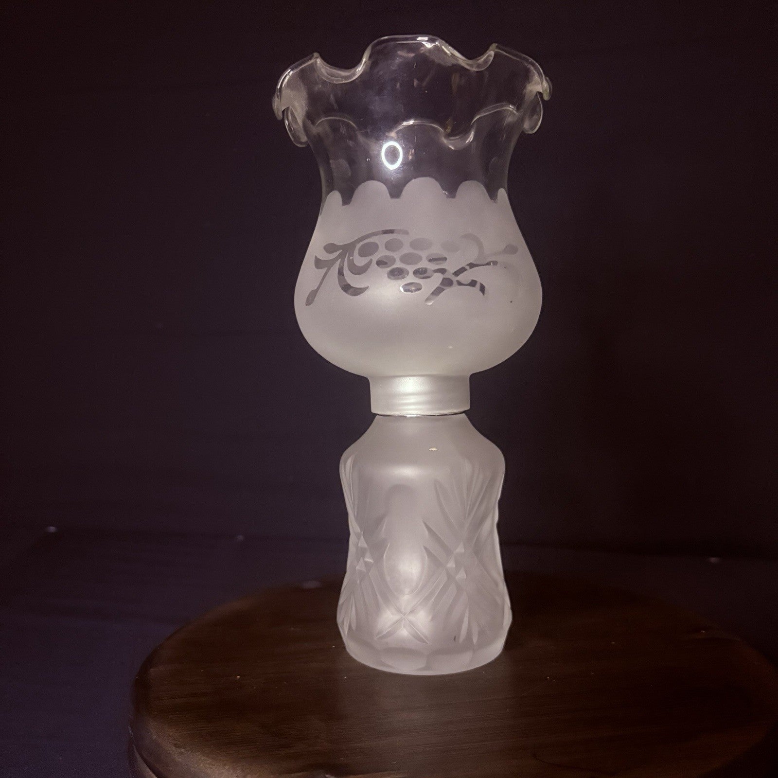 Vintage Miniature Hurricane Lamp By LampLight Farms Frosted & Etched Glass  8.5"15