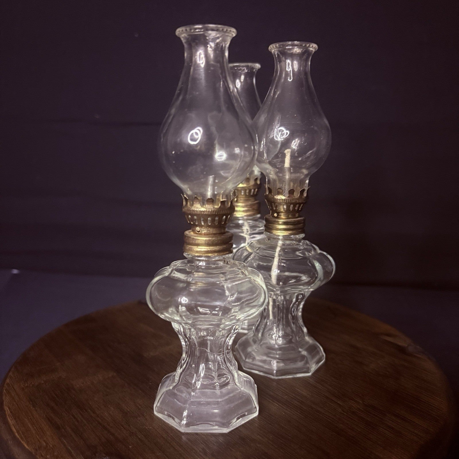 VTG 3 Miniature Hurricane Oil Lamp Set Of 3, Thick Glass Octagon Base - 6.5"15