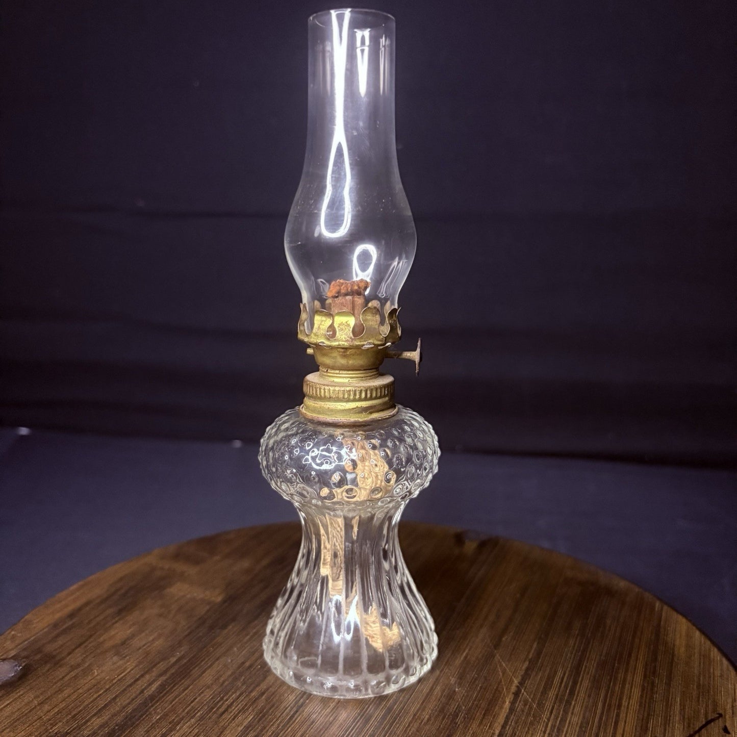 VTG Miniature Hurricane Oil Lamp Clear w/ Hobnail Bubble Base 7.5"9