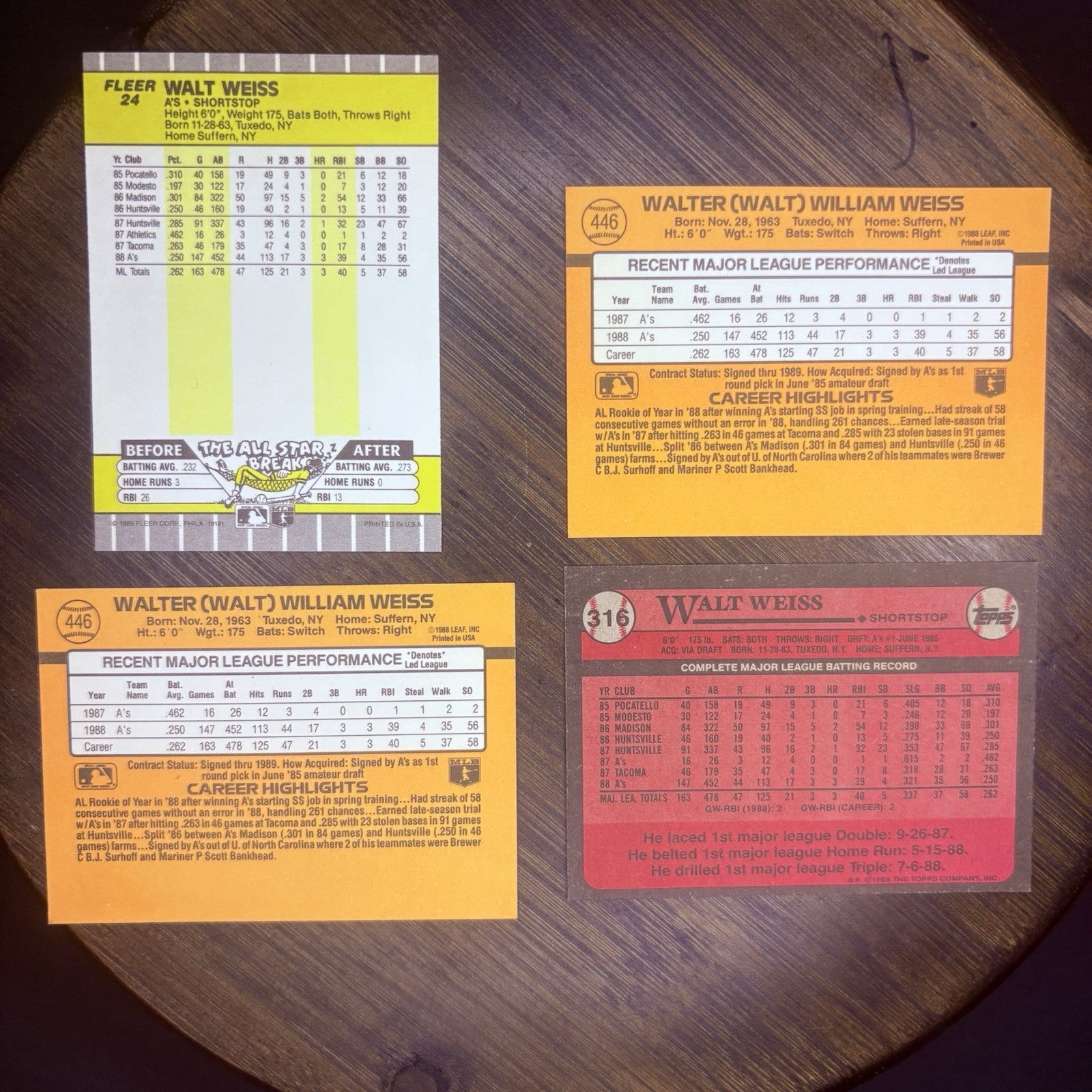 1989 Walt Weiss Trading Card (Lot Of 4) #316, #446, #24 HIGH GRADE1