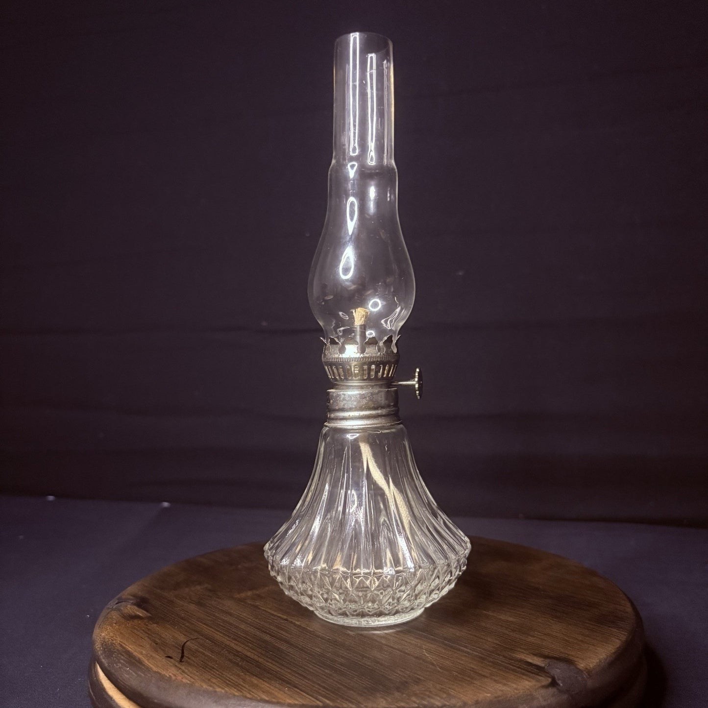 Vintage Miniature Hurricane Oil Lamp Lamplight Long Chimney, Diamond Cut Base8