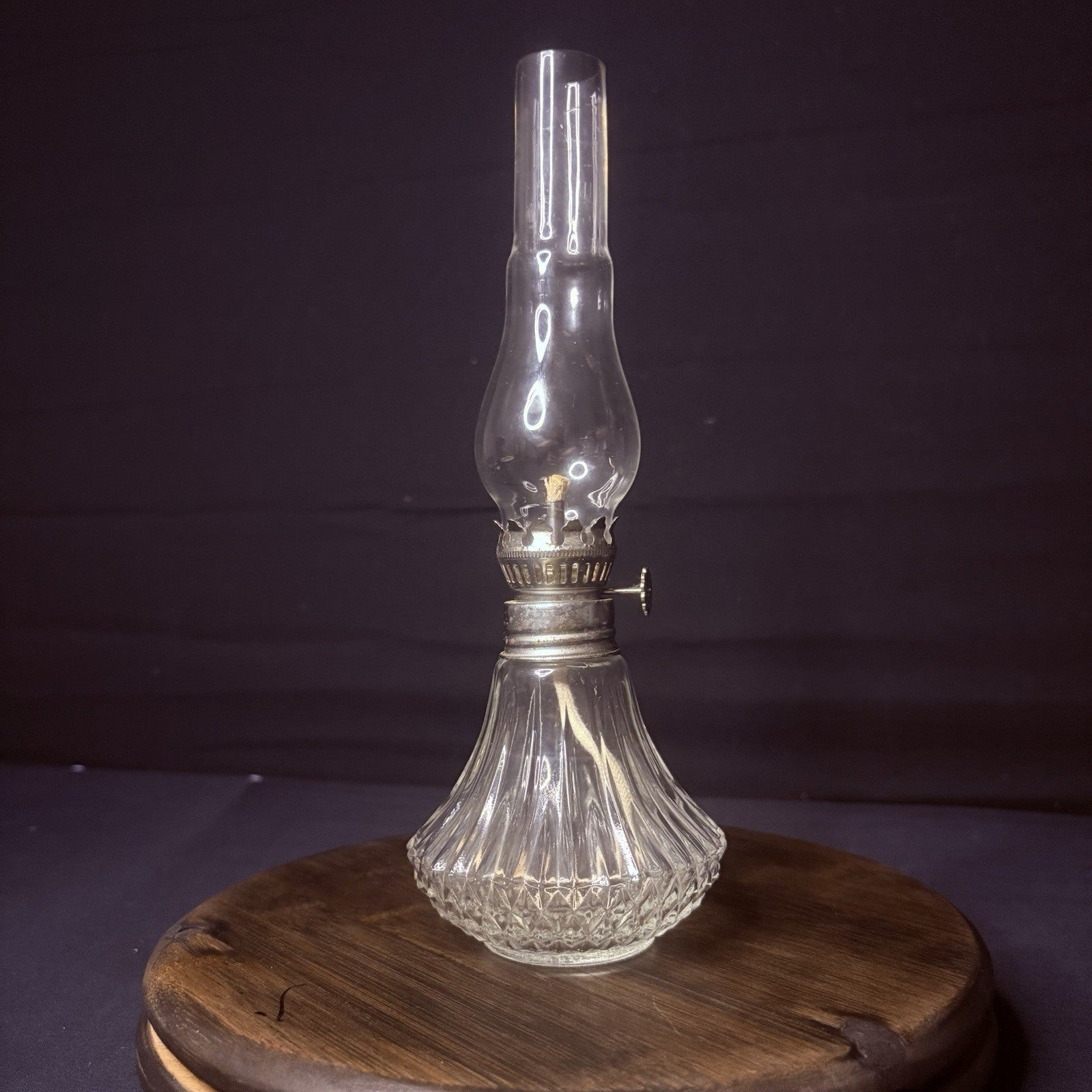 Vintage Miniature Hurricane Oil Lamp Lamplight Long Chimney, Diamond Cut Base8