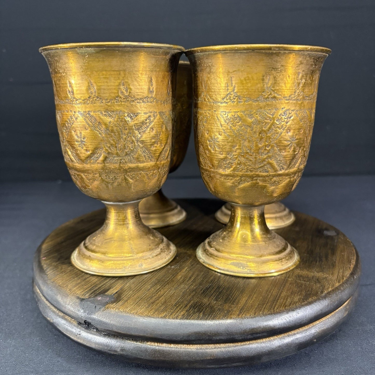 Goblet Set Qajar Dynasty Antique Copper Hand Etched Cups Early 1900s4