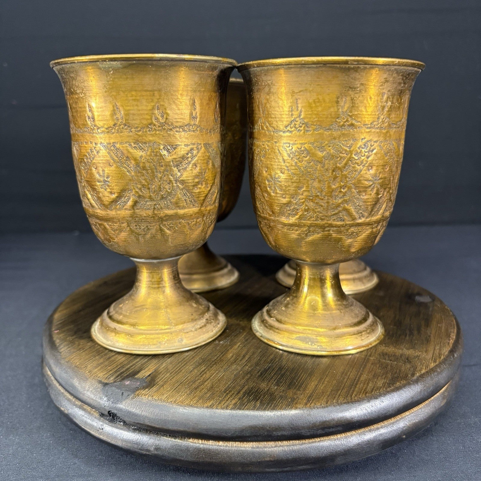 Goblet Set Qajar Dynasty Antique Copper Hand Etched Cups Early 1900s4