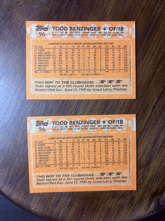 Todd Benzinger Double 1988 Topps #96 High Grade Card MLB Baseball Boston Red Sox1