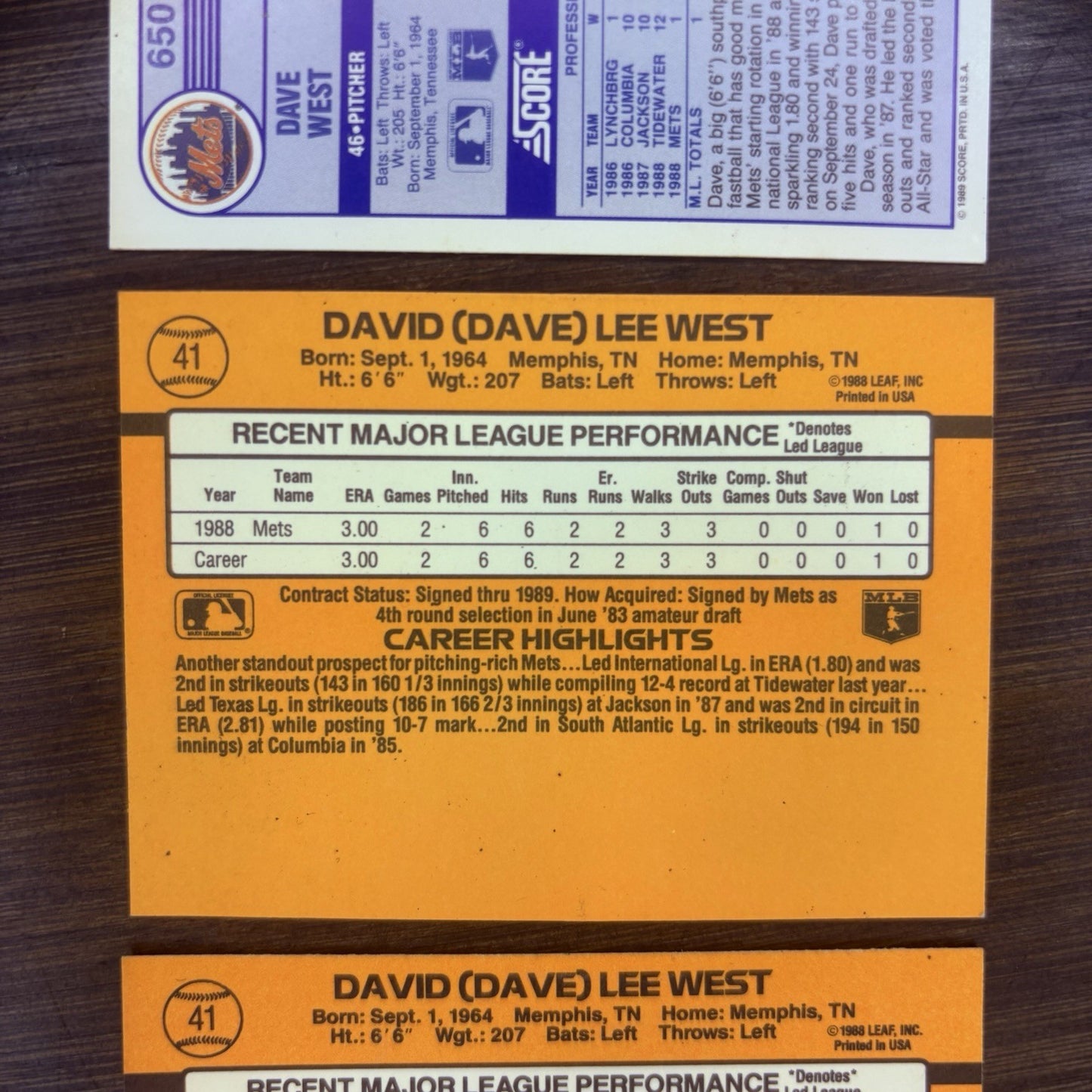 (2) 1989 Donruss # 41 DAVE WEST Rated Rookie & (1) #650 Score Trading Card9