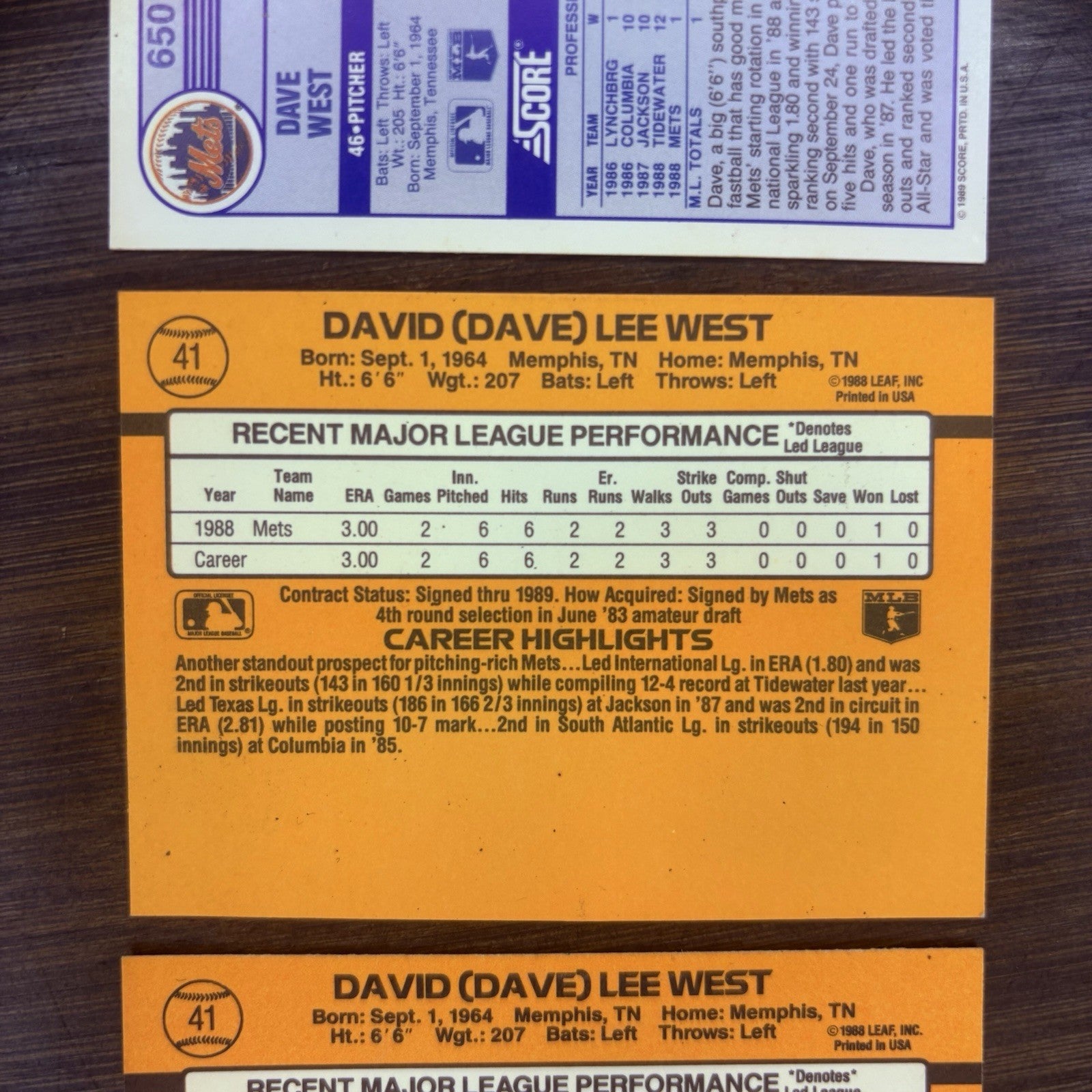 (2) 1989 Donruss # 41 DAVE WEST Rated Rookie & (1) #650 Score Trading Card9