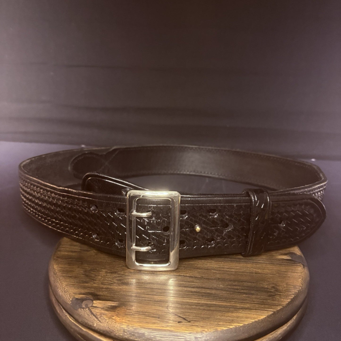 Aker Sam Browne Duty Belt Size 44" (B03-44)  Basketweave w/Chrome Brass Buckle0