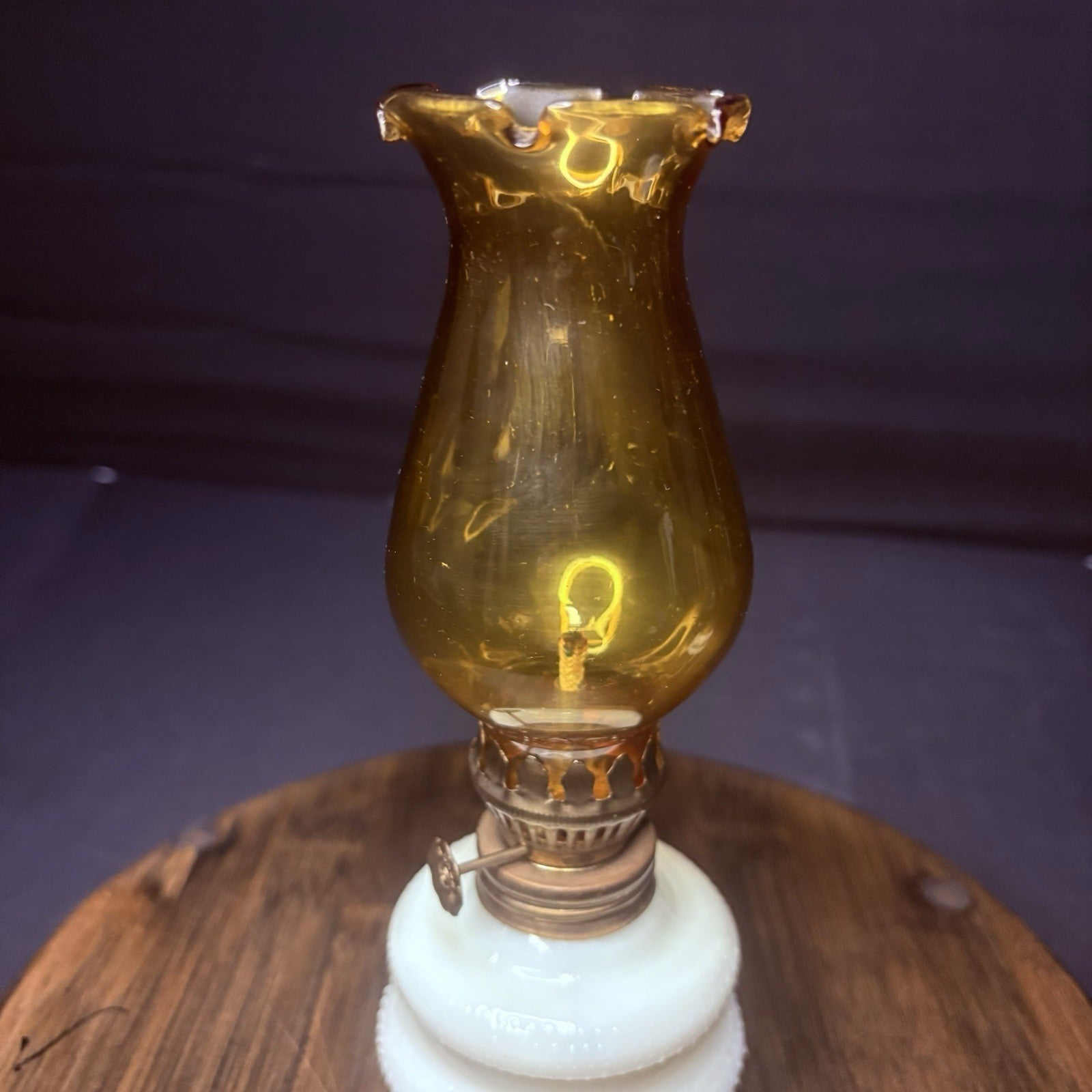 VTG Miniature Hurricane Oil Lamp Hobnail Milk Glass Base Amber Globe, Hong Kong2