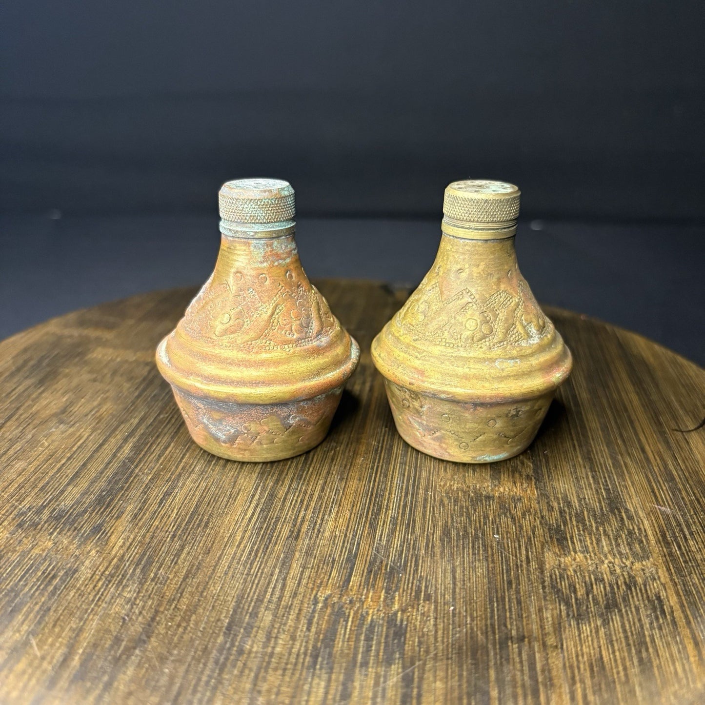 Antique Copper Salt & Pepper Shaker Hand Etched Copper Early 1900s8