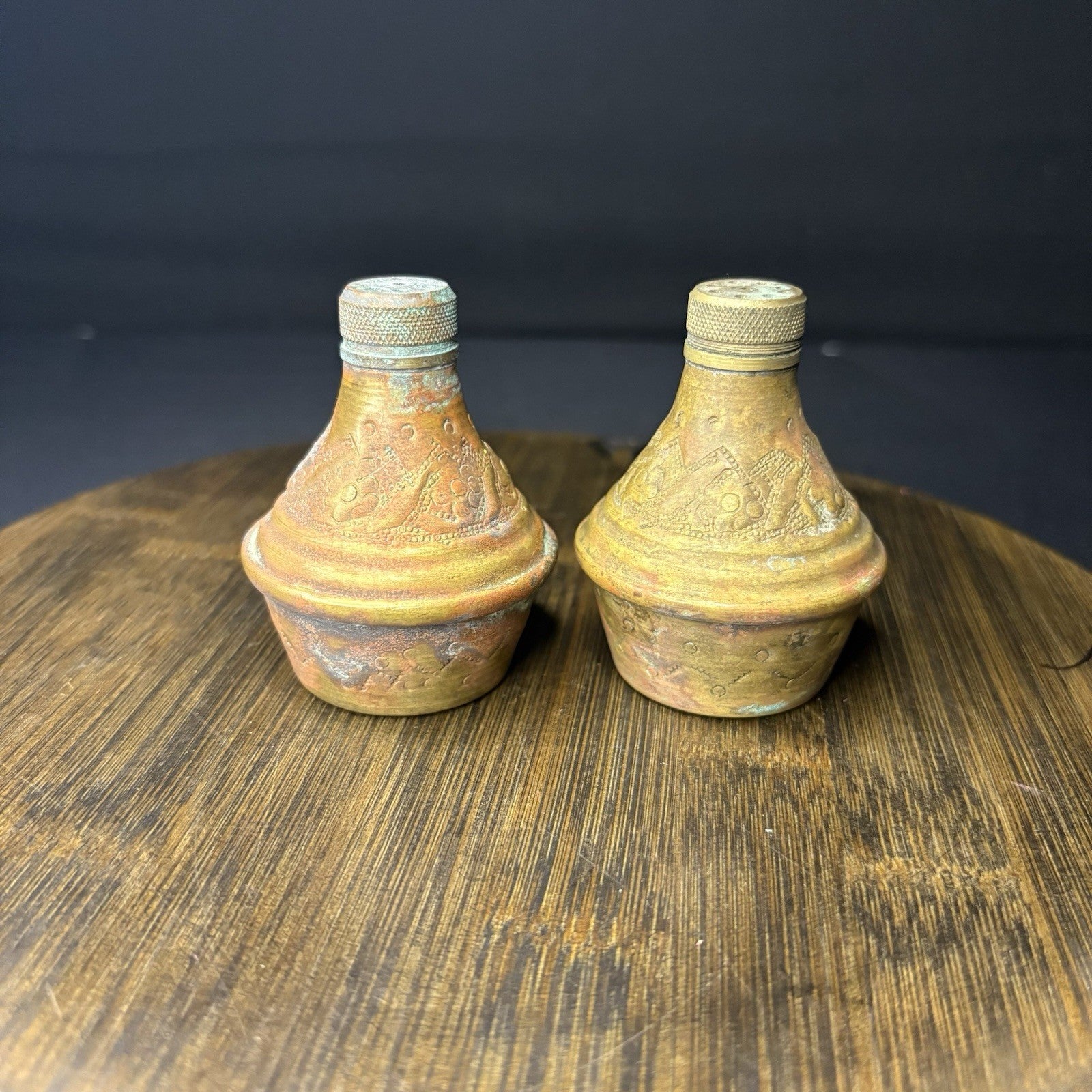 Antique Copper Salt & Pepper Shaker Hand Etched Copper Early 1900s8