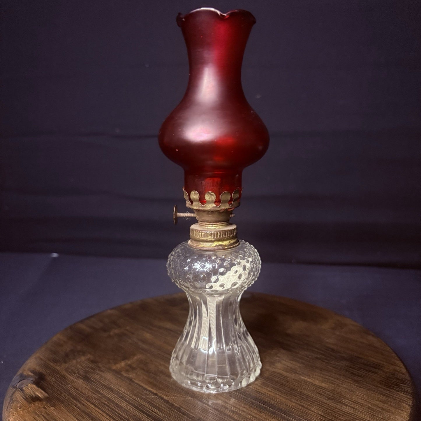 VTG Miniature Hurricane Oil Lamp Clear Hobnail Bubble Base, Ruby Red Bell Globe7