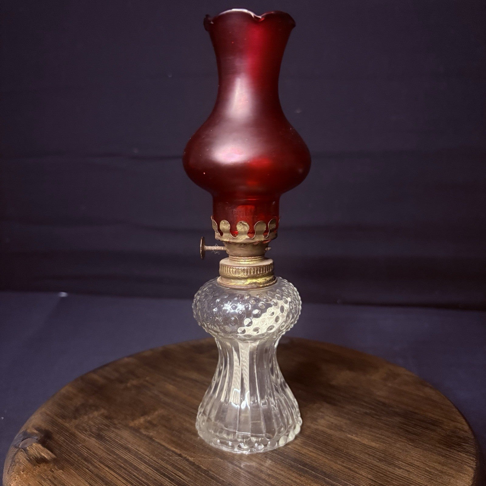 VTG Miniature Hurricane Oil Lamp Clear Hobnail Bubble Base, Ruby Red Bell Globe7