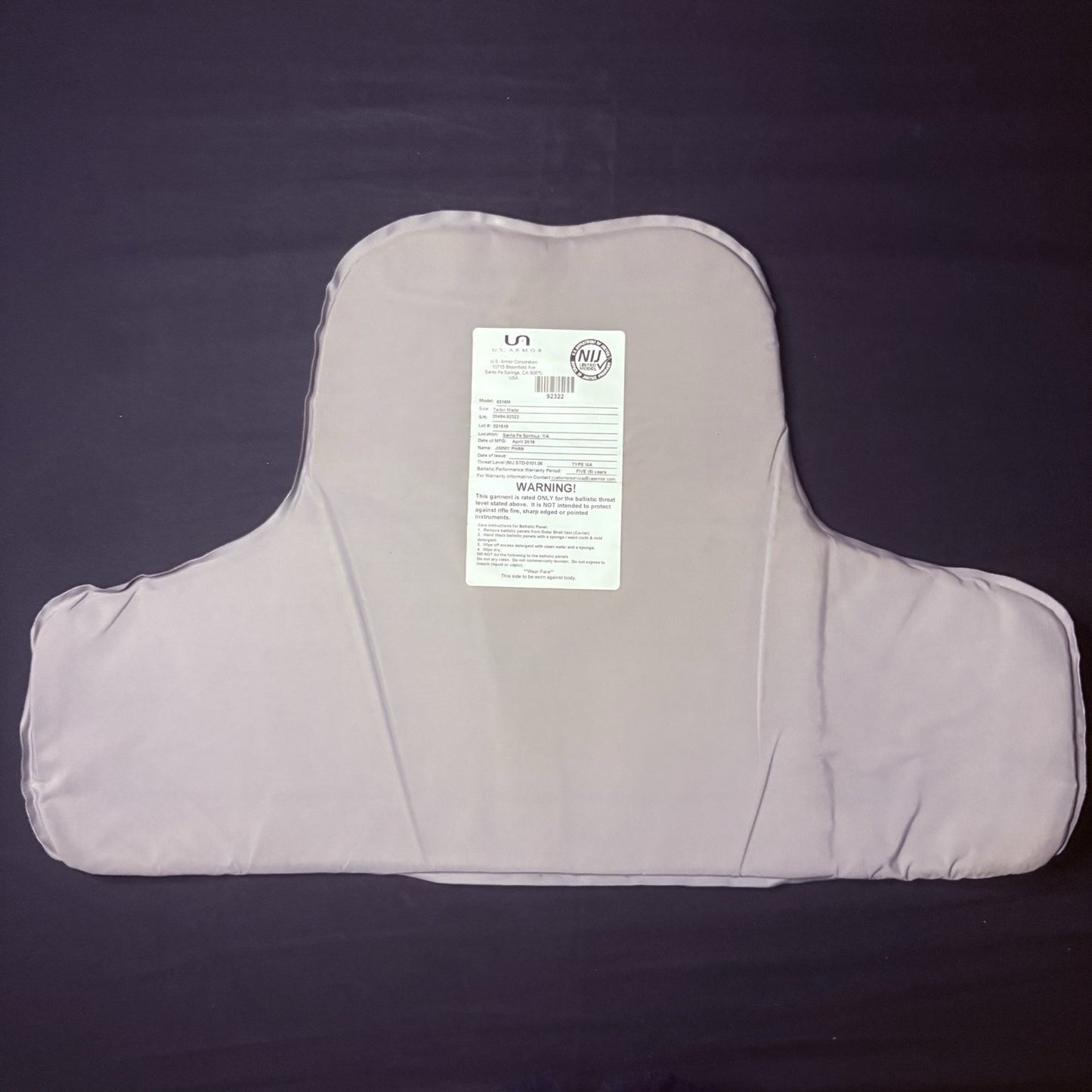 US Armor IIIA (3A) Bullet Proof Concealable Vest ~Size Medium~ 201912
