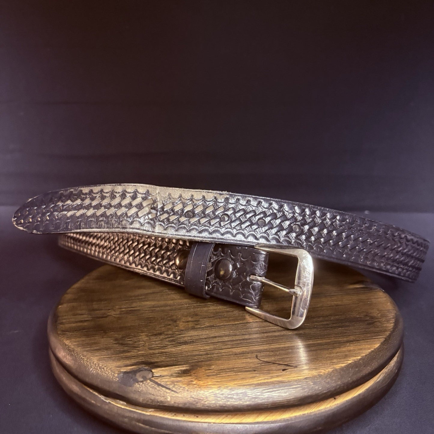JS Leather Off Duty Belt Size 42" Black Basket Weave Chrome Buckle1