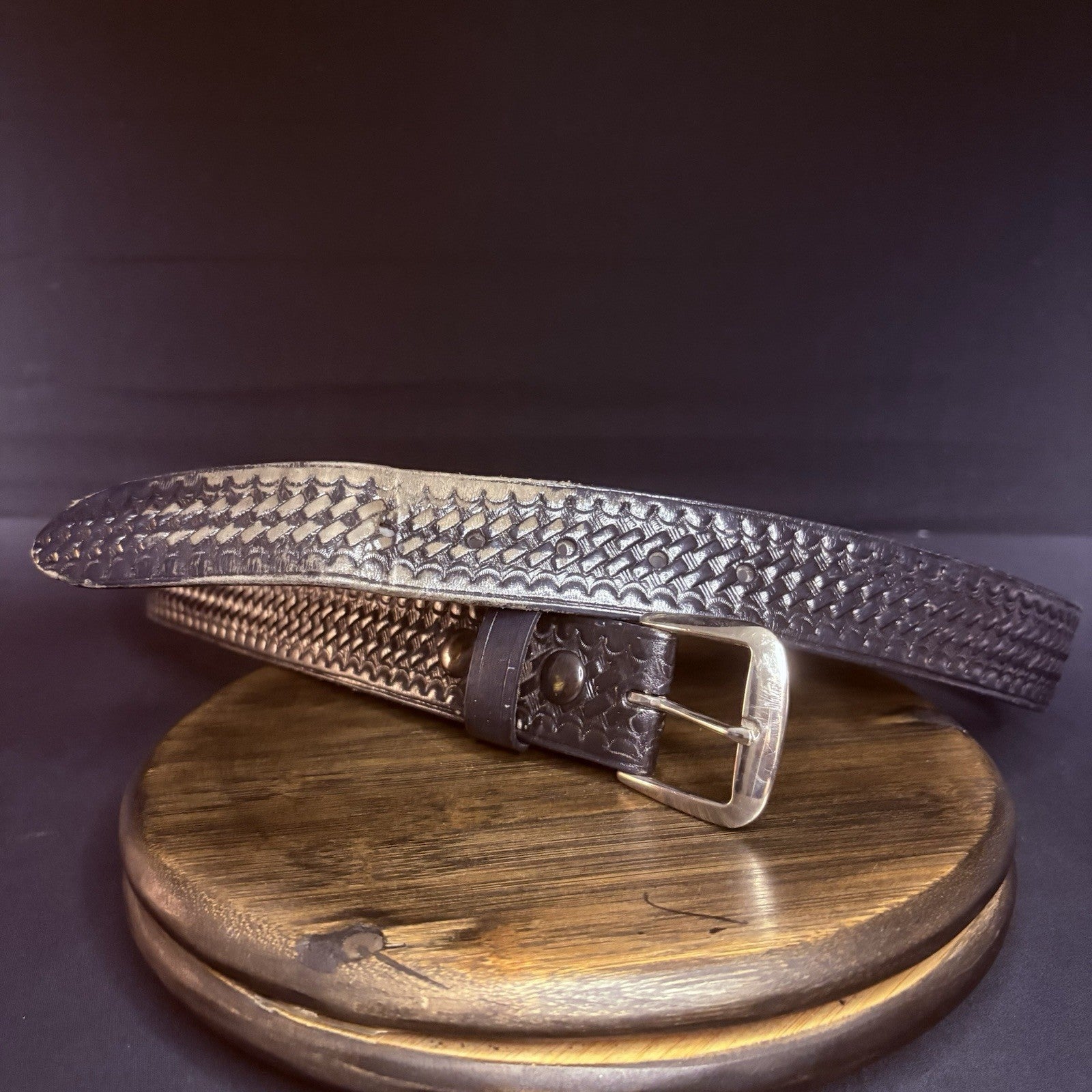 JS Leather Off Duty Belt Size 42" Black Basket Weave Chrome Buckle1