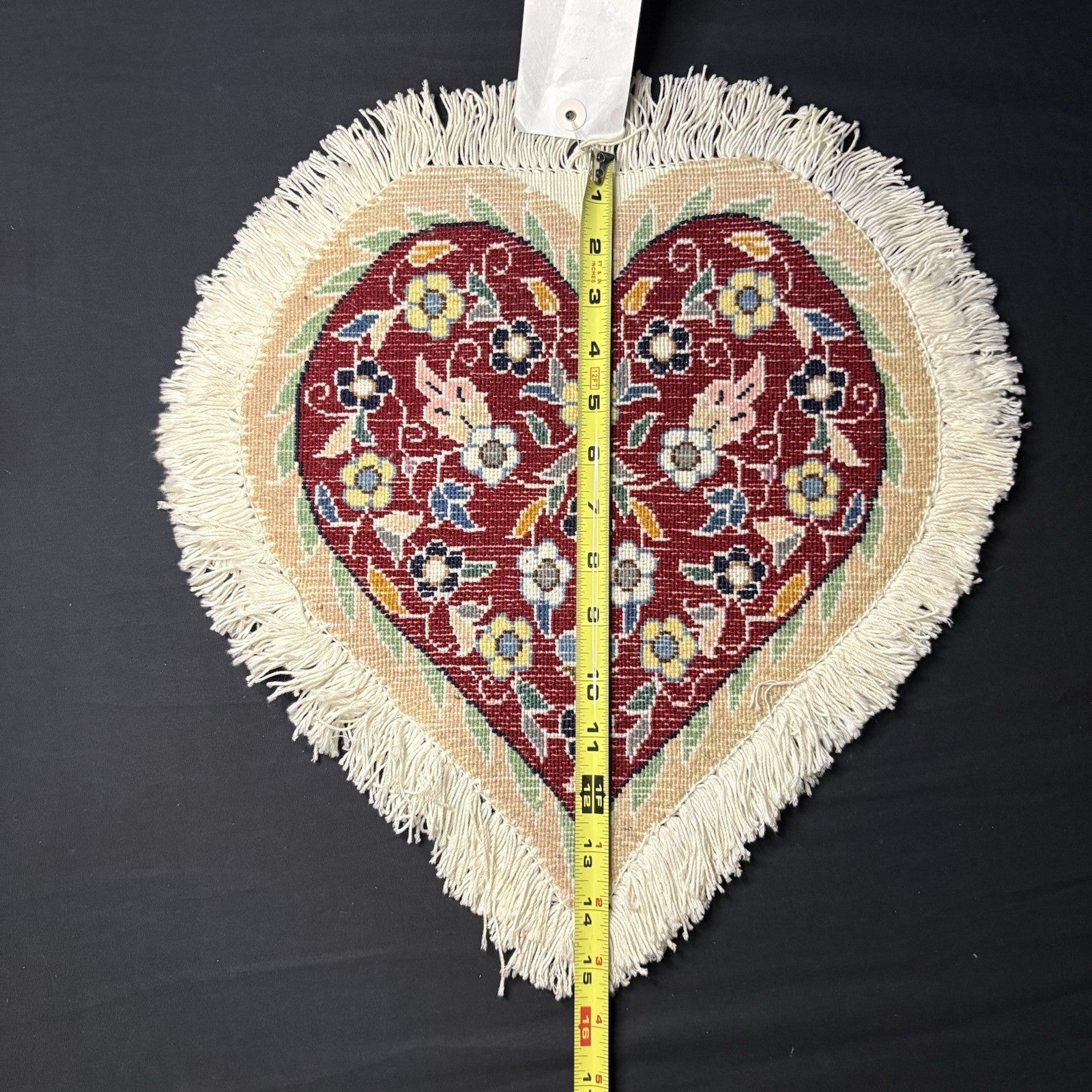 Heart Shape Rug Red w/Flowers Hand Knotted 14”x13” RARE 240 KPSI13