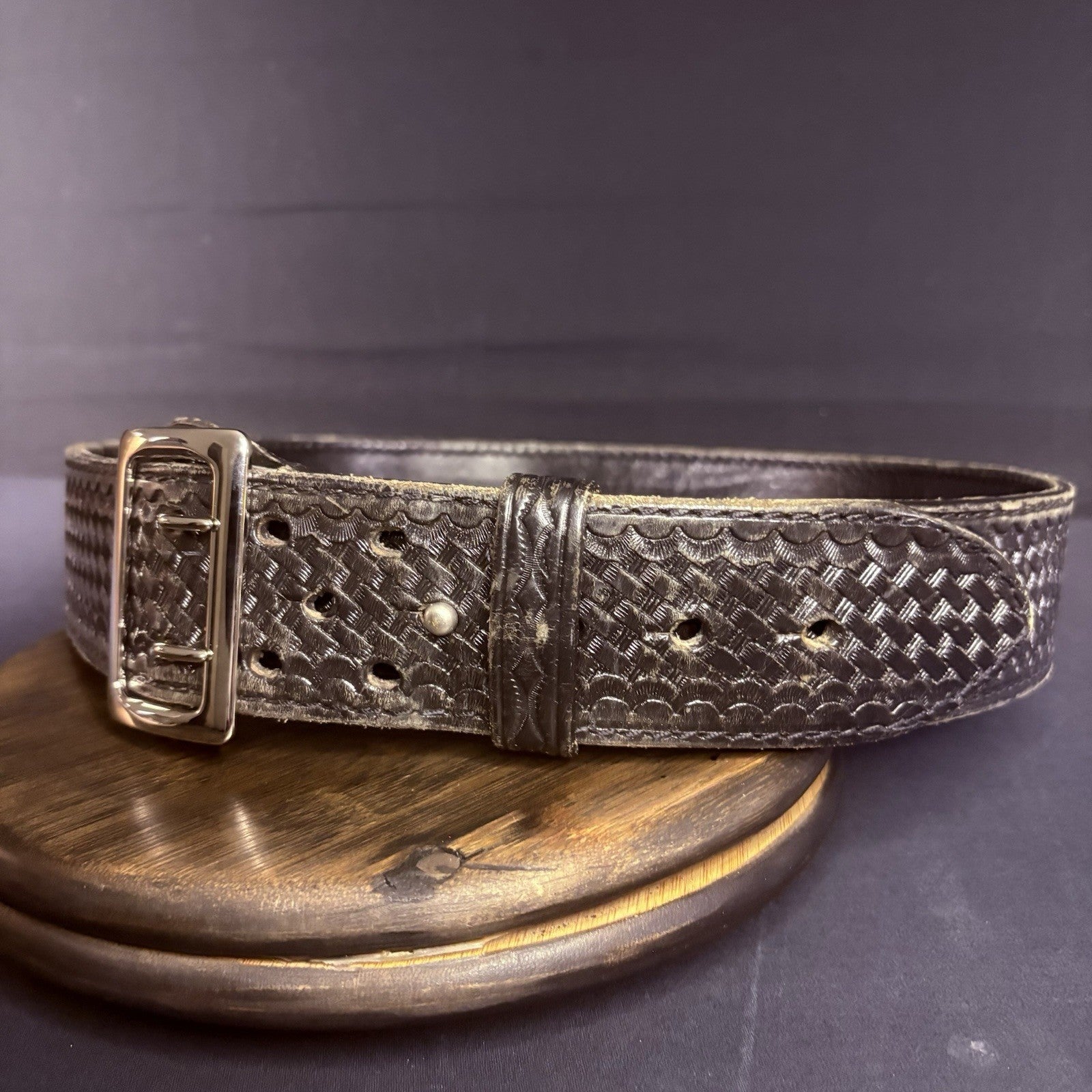JS Leather Sam Browne Duty Belt Size 40" Black Basket Weave Chrome Brass Buckle2