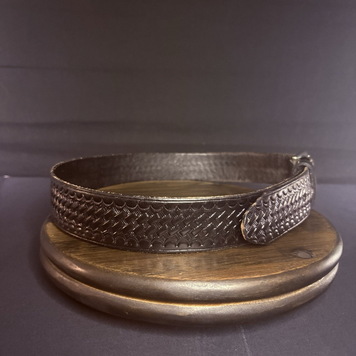 JS Leather Belt Size 32" Off Duty Black Basket Weave Chrome Buckle