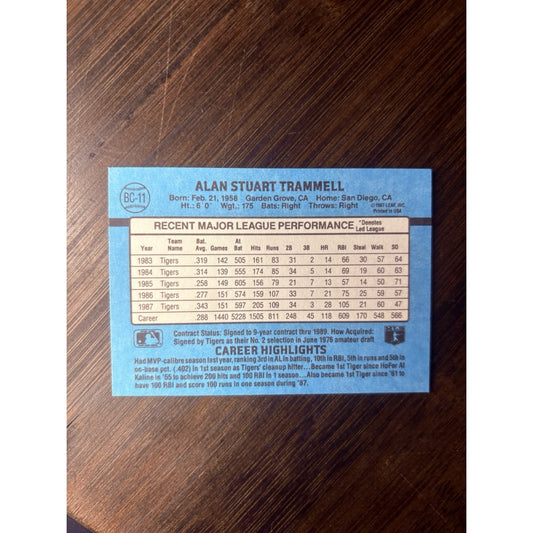 MVP Alan Trammell Detroit Tigers #BC-11 High Grade Card See Photos