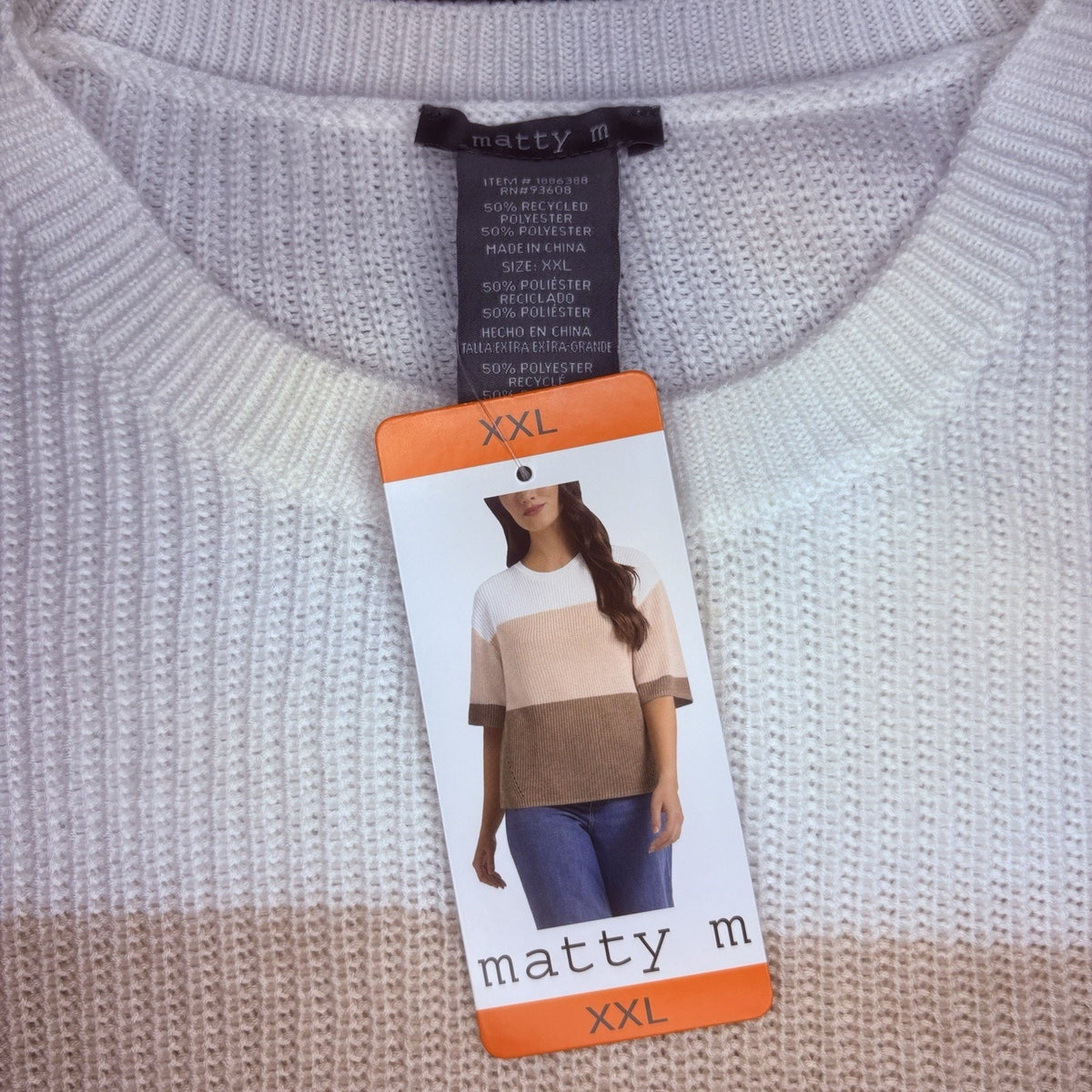 Matty M Women's XXL Colorblock Sweater Polyester Crewneck (Brown, Beige, White)