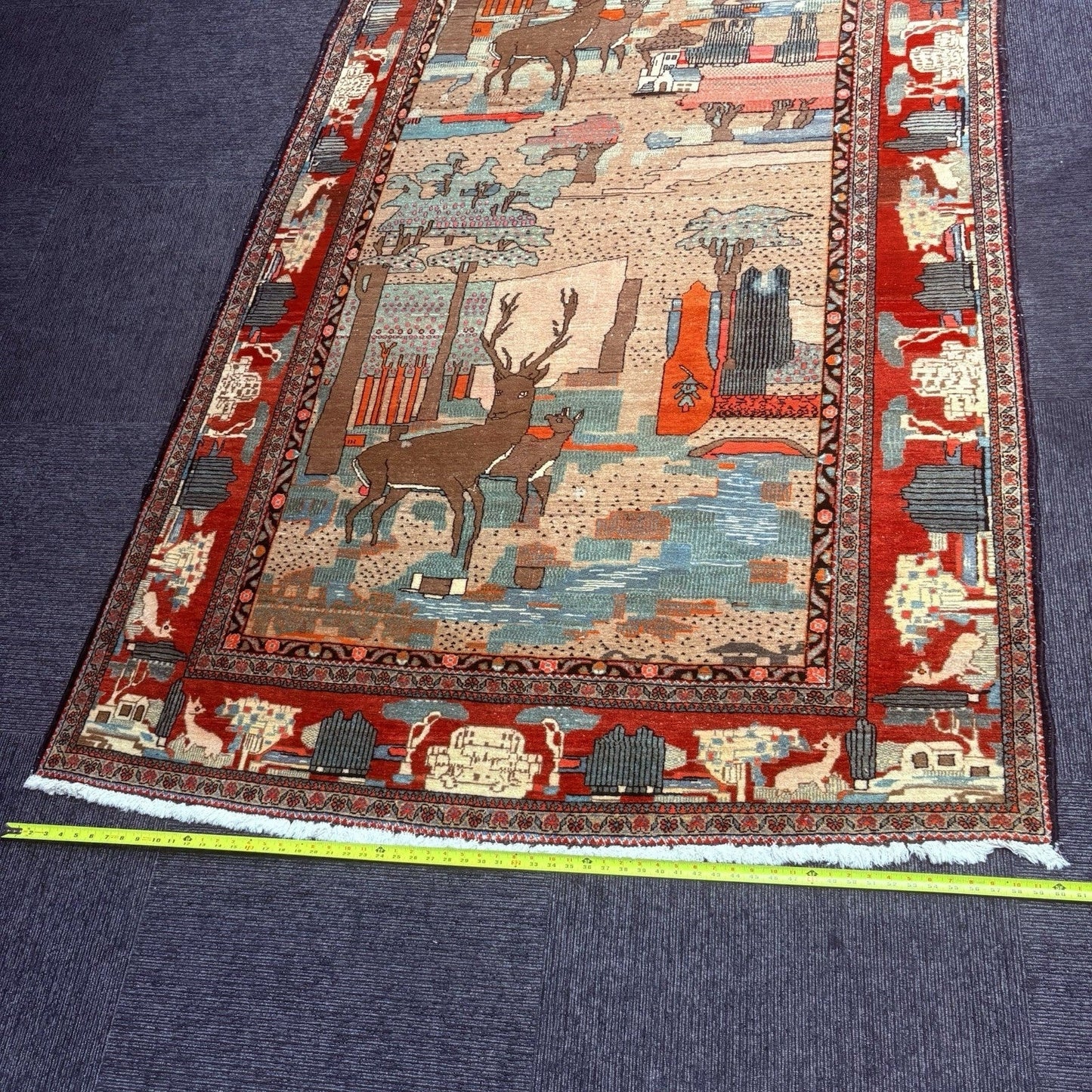 Antique Persian Hand Knotted Pictorial Rug 9'x5' 1940s Kashann Rug