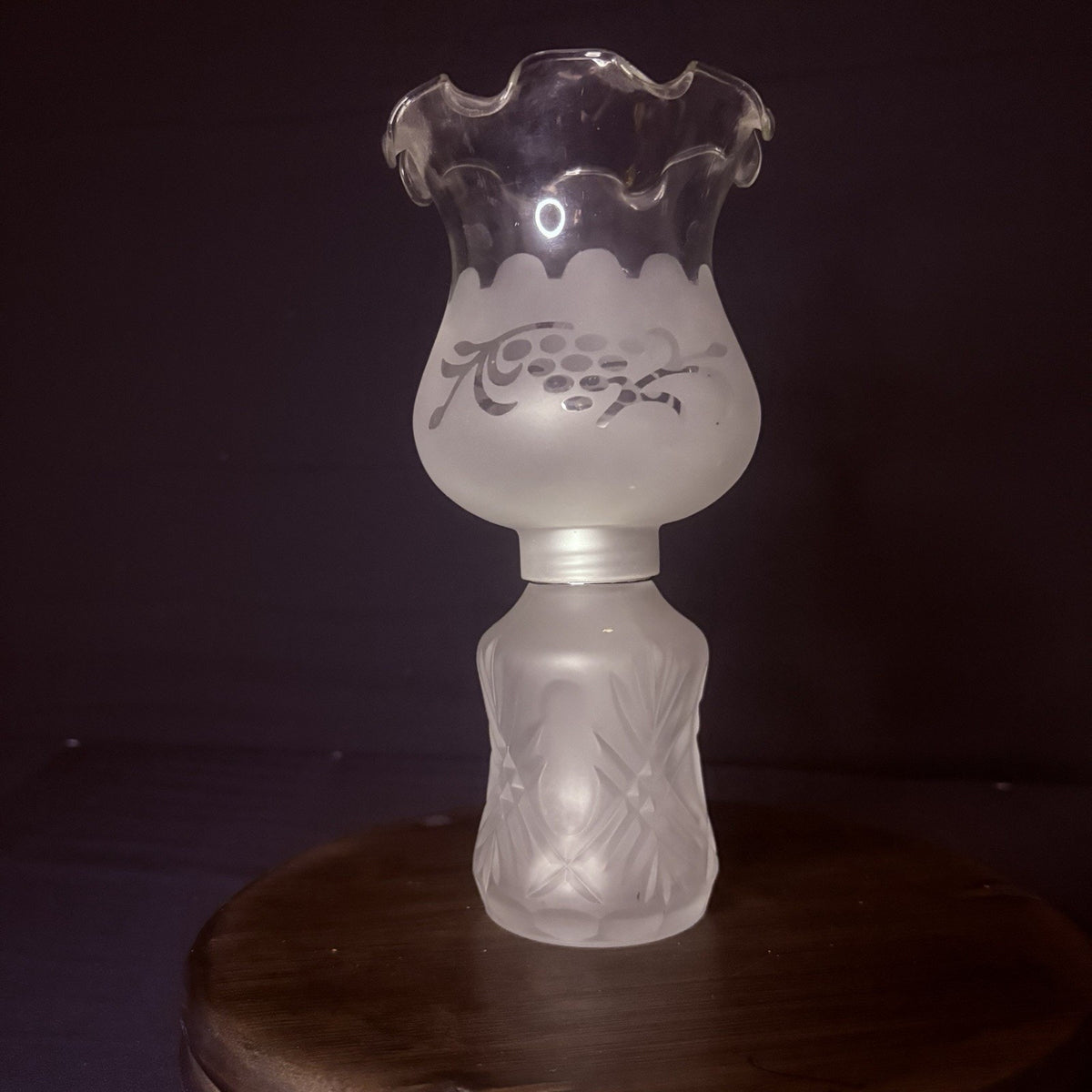 Vintage LampLight Farms Miniature Hurricane Lamp By Frosted & Etched Glass 8.5"