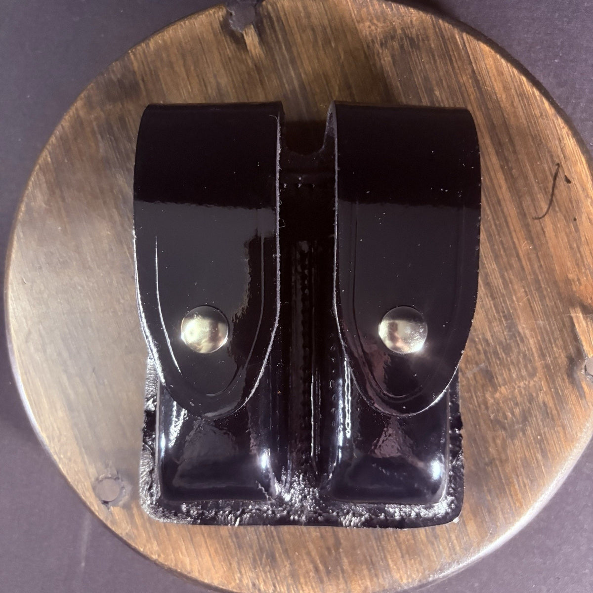 Galls Double Magazine Pouch Gloss Black Plain Leather Chrome Snaps
