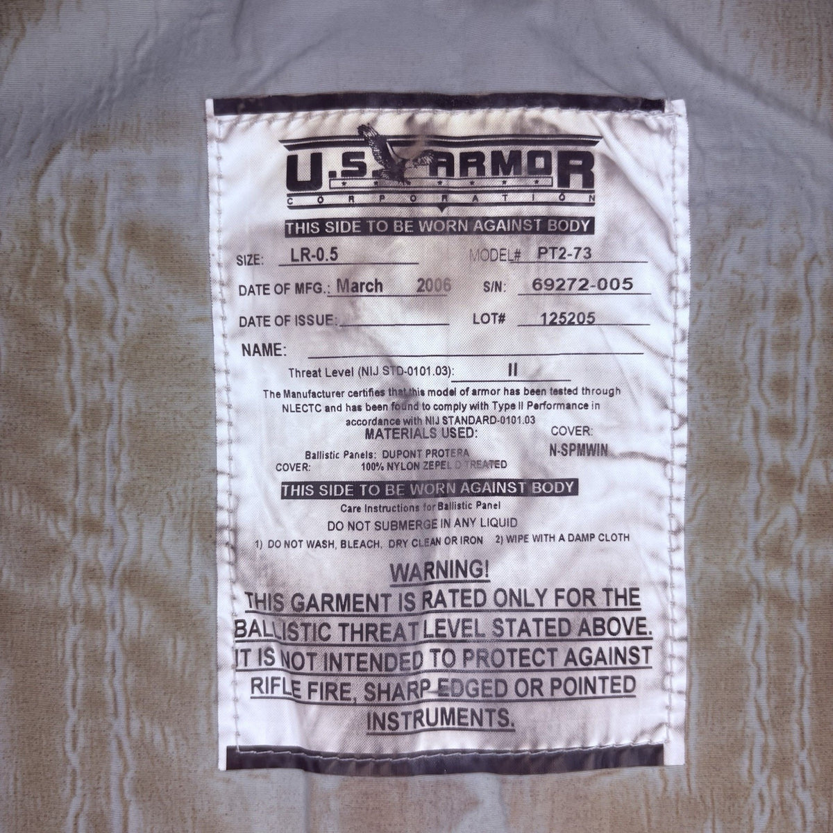 US Armor Bullet Proof Vest Ballistic Level 2 II Size XL Made In USA Concealable