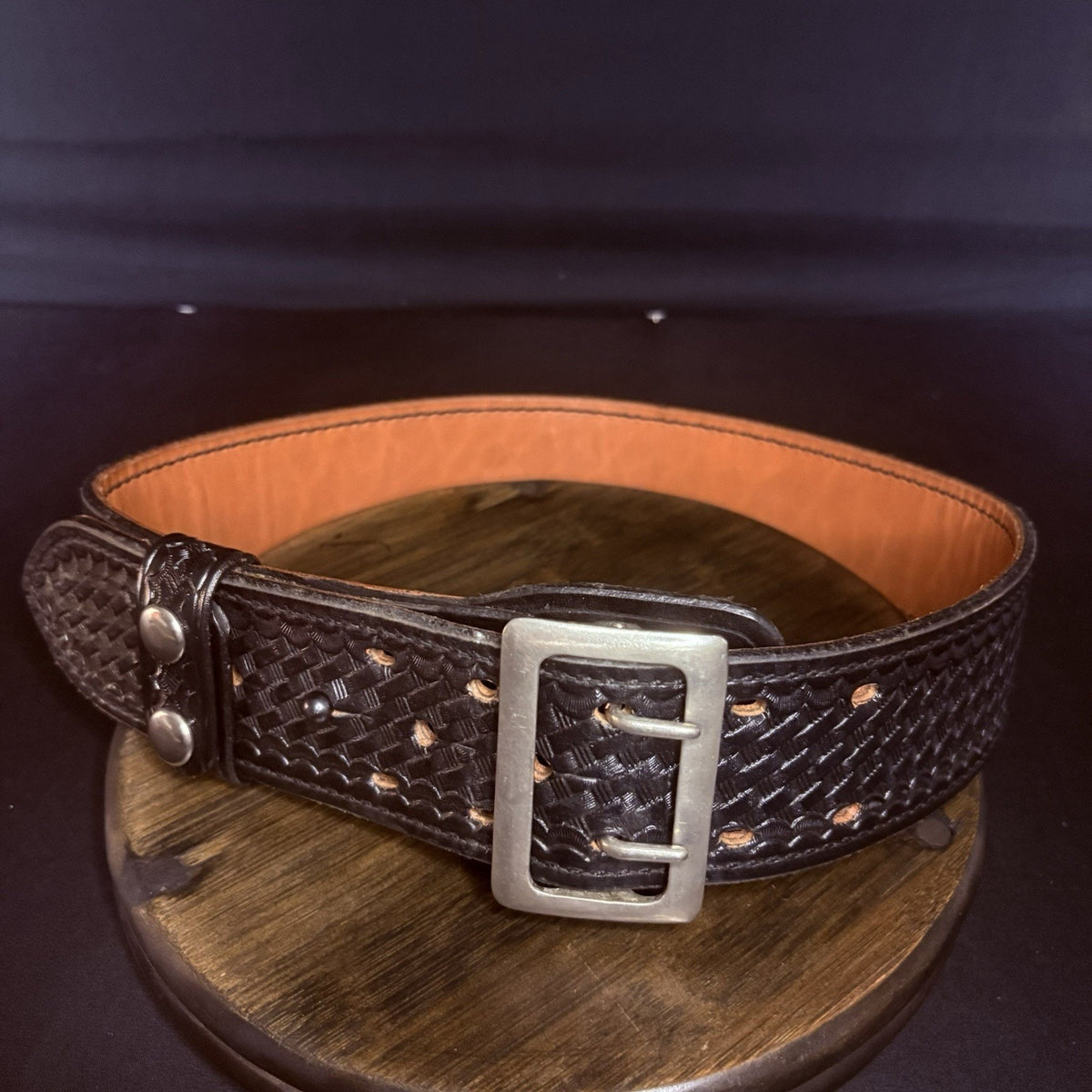 Tex Shoemaker Duty Belt Size 28" Basketweave Leather 2.25" Wide, Nickel Buckle