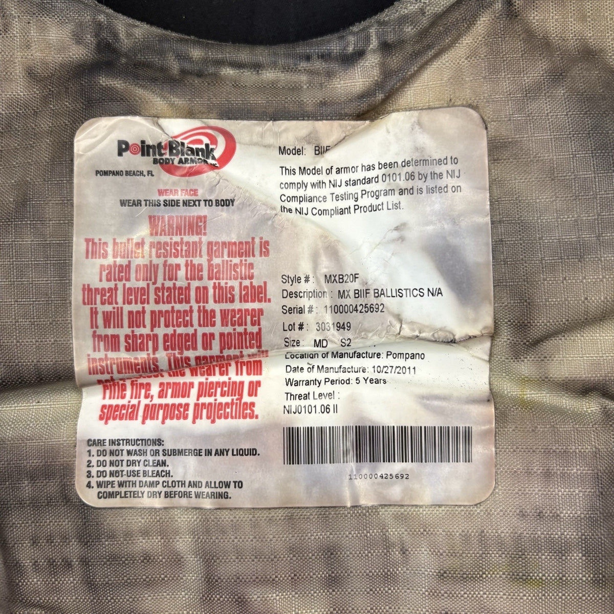 PB Ballistic Level 2 II Vest Size Small Concealable Vest w/ Trauma Plate