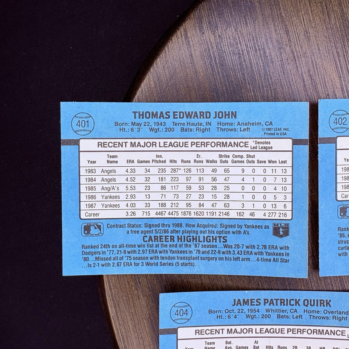 Donruss 1988 High Grade Cards #401, #402, #403, #404, #405 MLB Baseball (Lot 5)